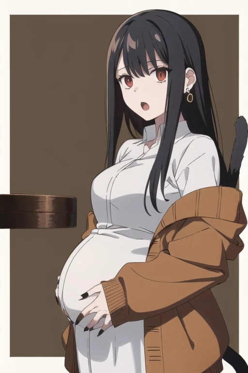 (extremely CG unity 8k wallpaper),(masterpiece),(highest quality),(ultra-de),(Best illustrations),(Best Shadow),(Absurd),One Girl,alone,Chigahara, One Girl,alone, shirt, Long Hair, Holding, white shirt, Show Viewer, Cat tail, Red eyes, Open your mouth, !, Earrings, jewelry, Black nails, Off the shoulder, Black Hair, Long sleeve, bangs, Manicure, Jacket, brown Jacket, Border, ear piercing, 、Pregnant women