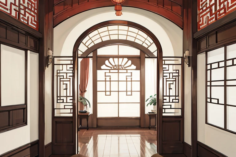 Interior design of 1940s Taiwanese early Republican-style Chinese architecture, with a circular arch in the center, featuring a light whitewashed wood color scheme, without error.