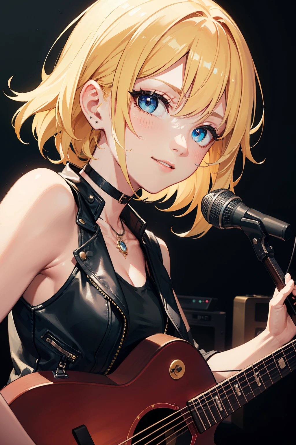 (Tabletop, highest quality), (Dynamic Angle), (Perfect Image), Comic Strip, shape, Adult women, Detailed face, Perfect Face, Delicate face, Rough skin, Blonde Hair, Messy Hair, length, ((Beautiful Blue Eyes)), Delicate and beautiful eyes, Fine Eyes, Reflective Eyes, smile(Looking at the audience:1.3),8k, wallpaper, Cowboy Shot, reflected light, Most detailed, Complex, Delicate background, Rough skin, Fine skin, (Super Resolution), (Rock band guitarist), Tank top, (leather jacket), choker, (Acoustic guitar, Gibson), Gibson's Hummingbird, Live Performance Venues, Lighting, Spotlight