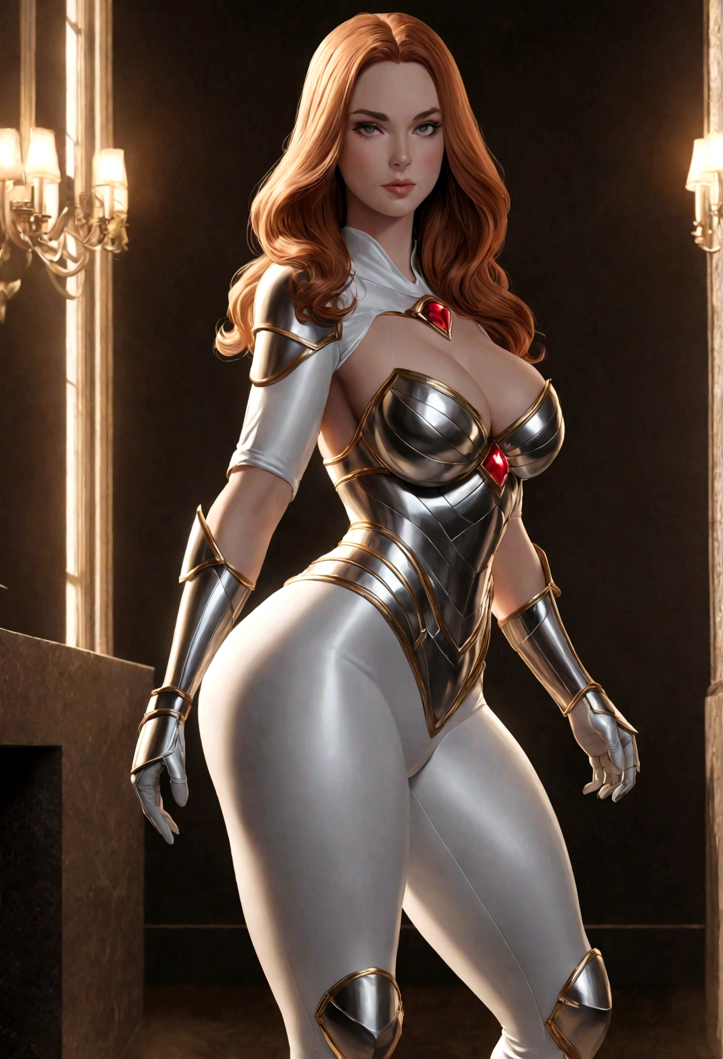 Very long hair blonde fit Woman with white skin complexion while she is wearing armor suit inspired Aphrodite and Jessica Rabbit, Womanly, (armor suit and gloves), impossibly small tiny waist abs waistline, circumference of lower extremities far exceeds 90 inches hips, she has massively immense hip measurements, with the worlds largest massive buttocks, location random, intense detail, bold leggings, hyper realistic, A bottom-heavy, superior body part, embodying a fusion of Christina Hendricks and young Brooke Shields , very voluptuous lower body, feminine figure, portraits, Reductionist form, mujercore, illuminated from the back, bold lines, ultra photo-realistic resolution, 80 mm, 8k uhd, highres, sharp focus, extremely detailed, cinematic lighting, armorcore, no nsfw, no nude