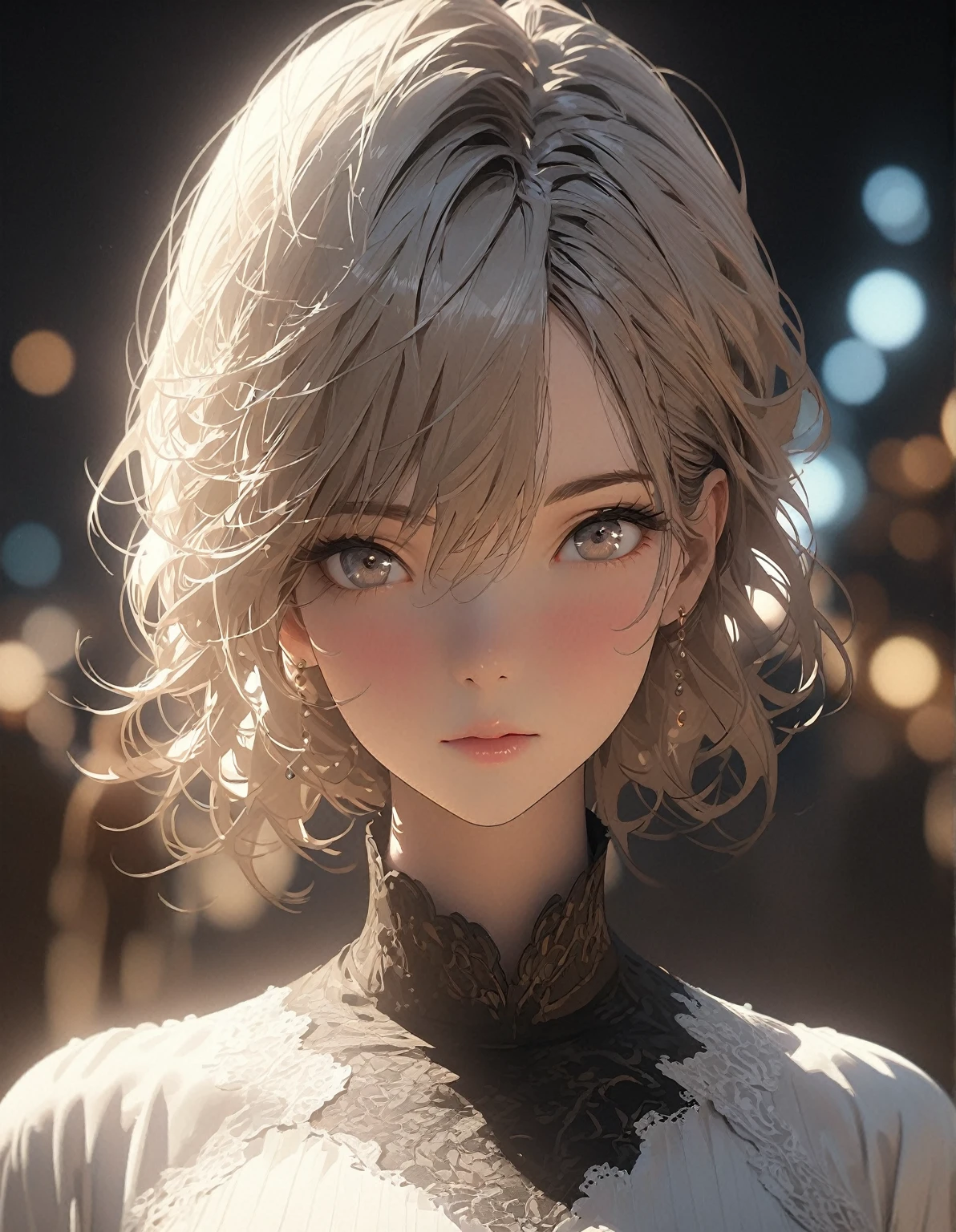 Beautiful Commoners、Perfect Face、Loose depiction、Eyes are hollow focus、Rough、White lace high neck、Holding hands、Overlooking from afar、close、Rim light transparent special effect，Full body portrait，OC Renderer，Octane Renderer，Pure White Background， High detail, 4K, masterpiece.