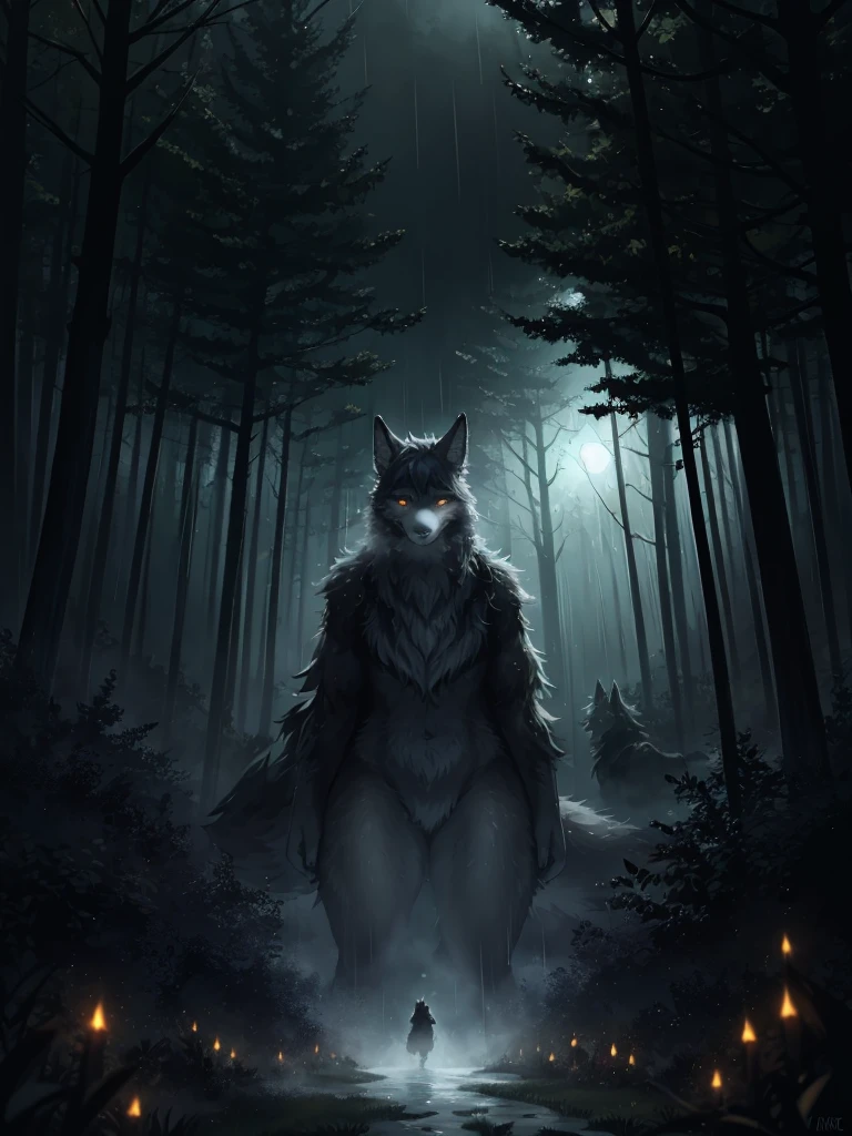 Hallucination, daydream , Fear , Fantastic , bokeh , hairy fur , haunted foggy forest , female wolf , heavy rain , with sheep in the dark , steamy breath , Predator Eyes , can not stand it any longer , (Attacking sheep that have wandered into the forest)
