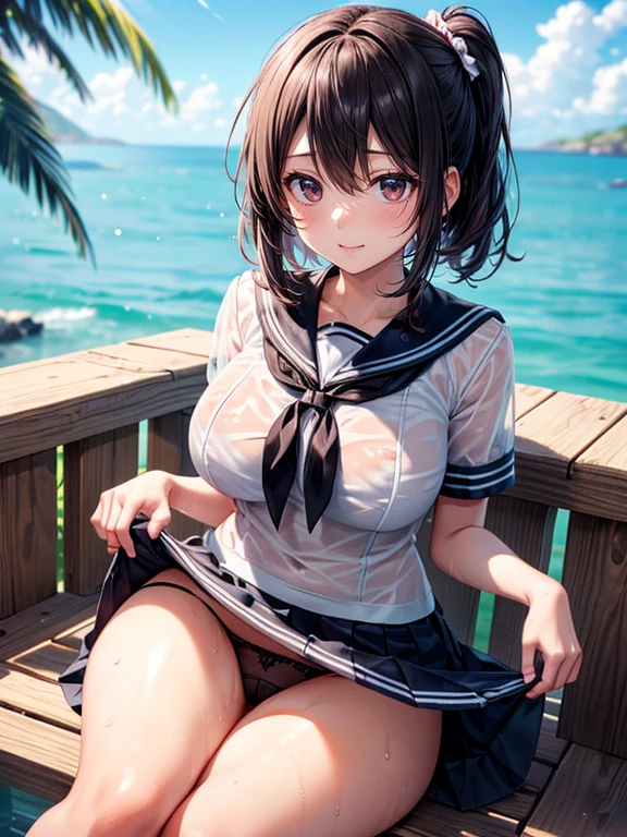 (highest quality), Super detailed), (Ultra High Resolution 8K), High-definition facial beauty, ((Skirt Lift)), Two cute smiling girls, (Big Breasts), Detailed sailor suit, Showing her black see-through panties , (Blushing, Embarrassing:1.3), Very hot day, Shade, ((Sit down and seduce)), Wet see-through panties