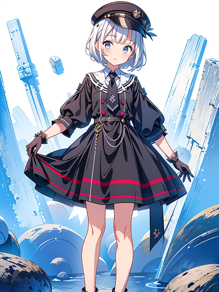 1girl、highest quality、vtuber-fullbody、Milky white short hair、Masterpiece、Official Art、The best composition、Standing in front of the viewer、Simple Background、White and light blue gothic military、m1l1t4ry, necktie, black gloves, black dress, peaked cap, puffy dress, short sleeves,