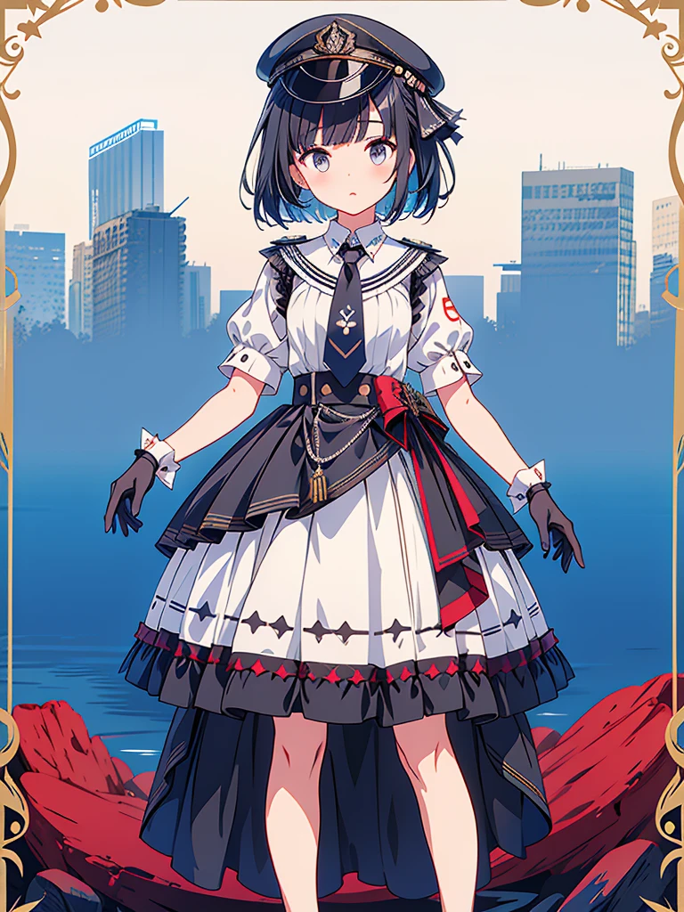 1girl、highest quality、vtuber-fullbody、Milky white short hair、Masterpiece、Official Art、The best composition、Standing in front of the viewer、Simple Background、White and light blue gothic military、m1l1t4ry, necktie, black gloves, black dress, peaked cap, puffy dress, short sleeves,