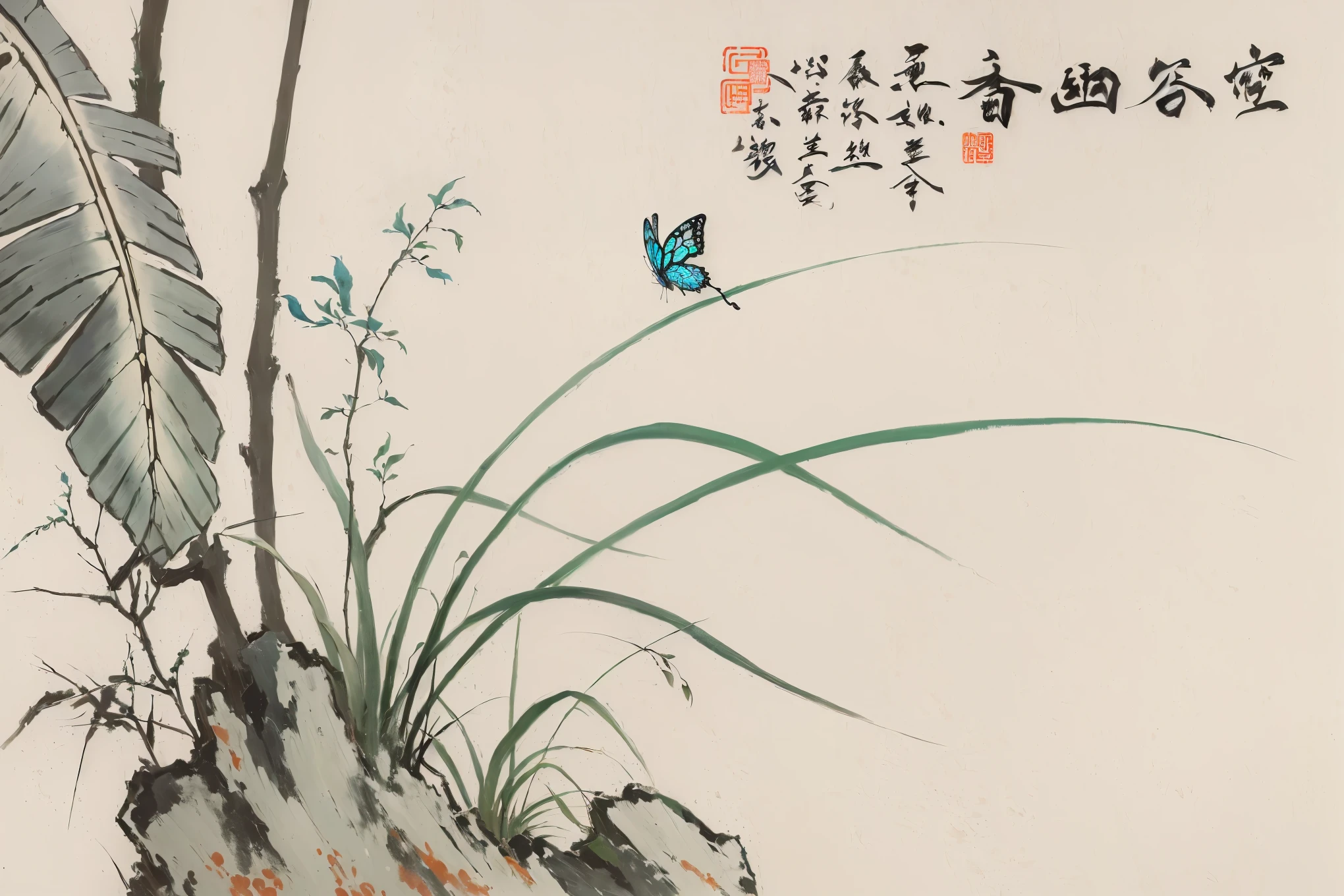There is a painting,The painting shows a butterfly sitting on a branch, 中traditional Chinese painting风格, author:Qian Du, qi sheng luo, by Gong Kai, traditional Chinese painting, Chinese style, inspired author:Qian Du, by Liang Kai, by Qiu Ying, by Shen Quan, by Dong Qichang, by Zhou Fang, Traditional Chinese Art