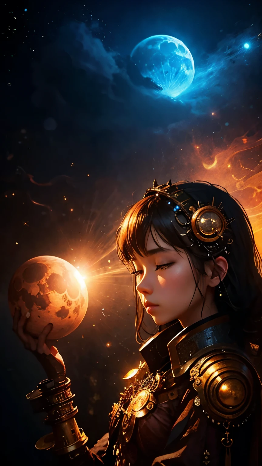 steampunkai。(highest quality:1.2)。One Girl。pretty girl。Sleeping in bed。Comfortable sleeping face。The background is a beautiful moon and galaxy universe。