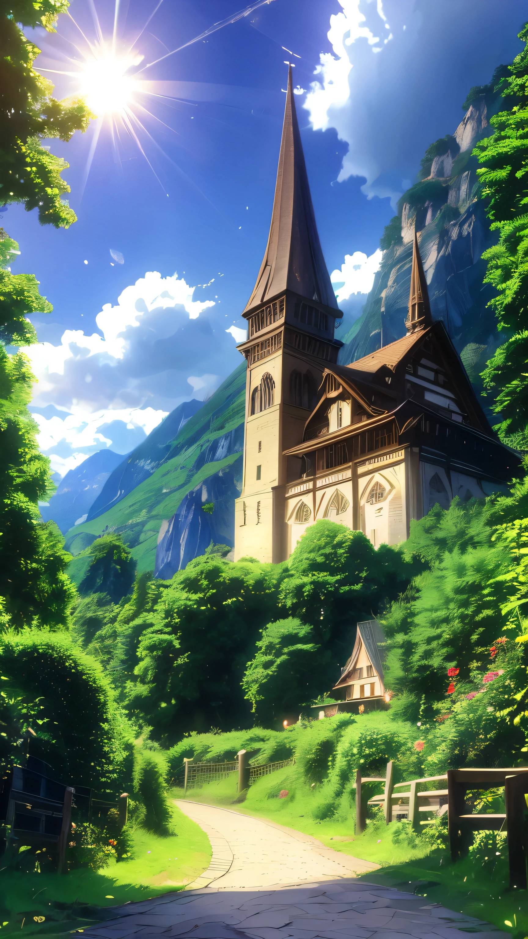 there is a small path going up a hill with a church in the background, lauterbrunnen valley, in the swiss alps, swiss alps, switzerland, by Karl Stauffer-Bern, lovely valley, by Sebastian Spreng, by Tobias Stimmer, alpine scenery, shot on hasselblad, by Matthias Weischer, swiss architecture, by Otto Meyer-Amden(brokeh effect)(glowing firefly)