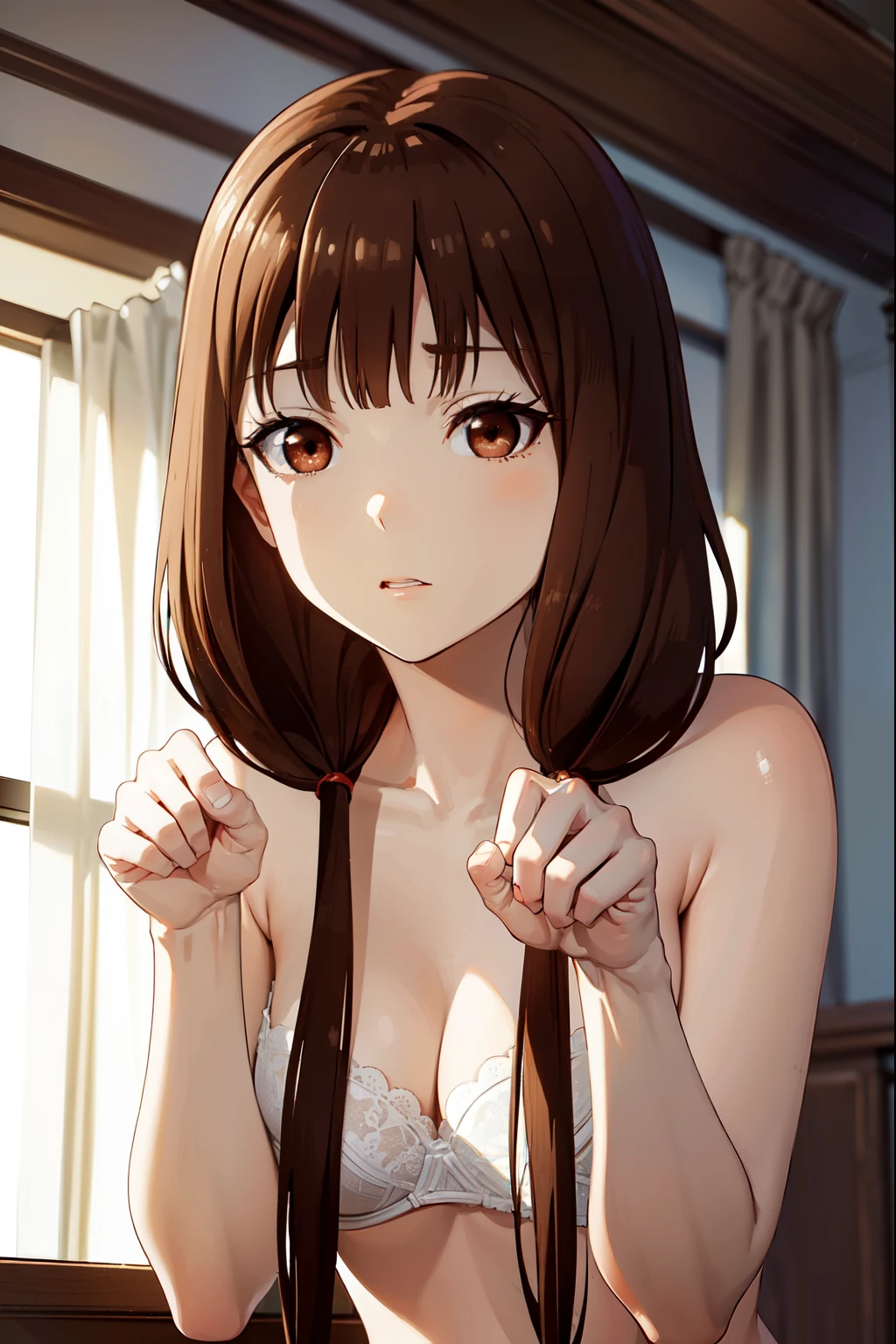 ((masterpiece:1.3, highly detailed:1.3, highres:1.1, best quality, HD, full image)),((miko iino, blunt bangs, (brown eyes:1.5), brown hair, hair tie, long hair, low twintails, twintails, collarbone)), ((naked, nude, white bra, white panty)), ((indoors, classroom, window background, trees)), looking at viewer, (masterpiece:1.2), best quality, high resolution, unity 8k wallpaper, (illustration:0.8), (beautiful detailed eyes:1.6), extremely detailed face, perfect lighting, extremely detailed CG,(perfect hands, perfect anatomy))),((sexy pose, different hand pose, standing))