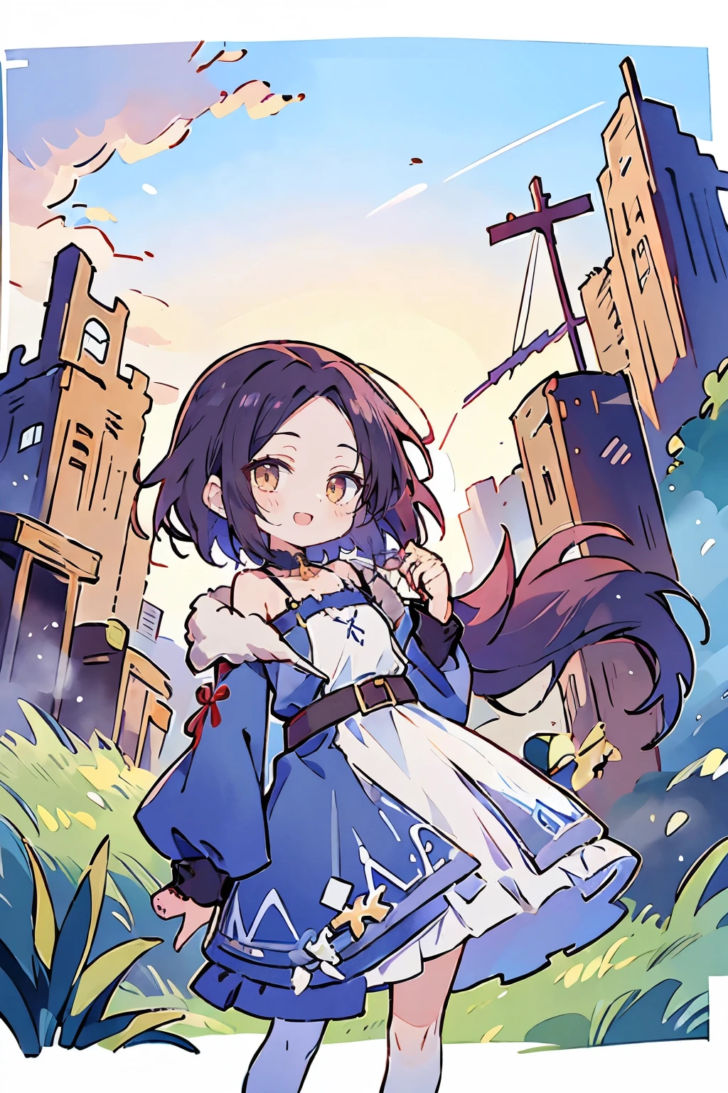 hui xiyi, rekkyo sensen, rekkyou sensen, fantasy world, ruins, fort, beautiful sky, shining sky, sunshine, camisoles, belts, blue clothes, cross choker, wind blowing dress, lace dress, off-shoulder sleeves, white legwear, forehead, hoodies, khaki clothes, velour clothes, fur clothing