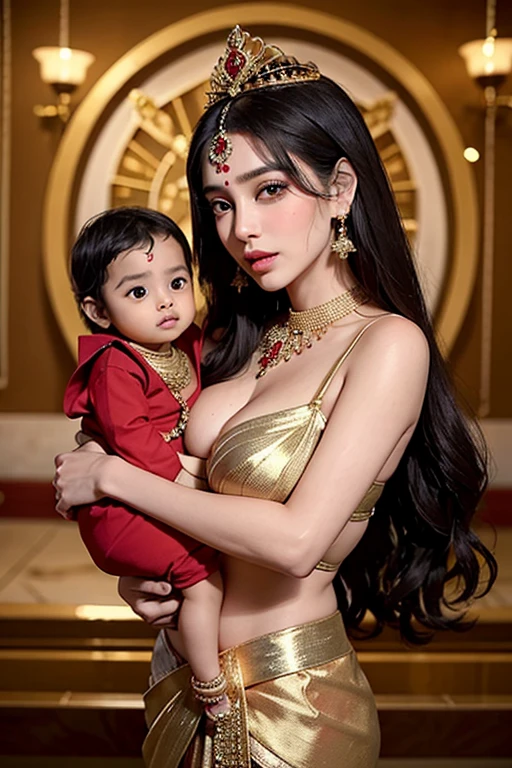A beautiful indian hindu princess of fair complexion in indian red gold plated saree and gold jewellery, long black weavy hair, heavy black long eyelashes, beautiful detailed face, holding a newborn cute baby boy in her arms and latching the baby to her breast.