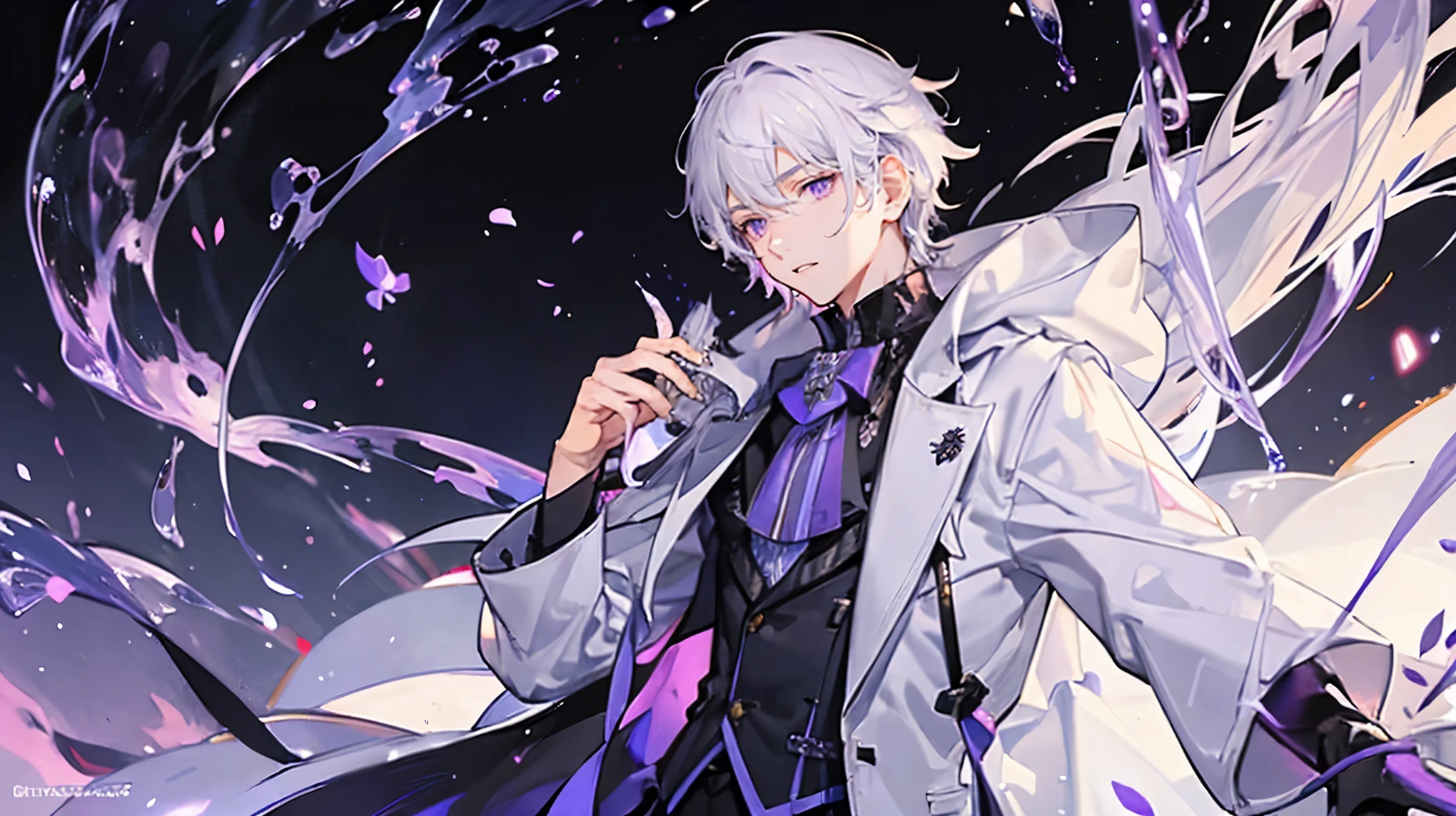 Gray Hair, A boy with purple eyes and white skin wearing a white coat (Far from the camera) A little arrogant