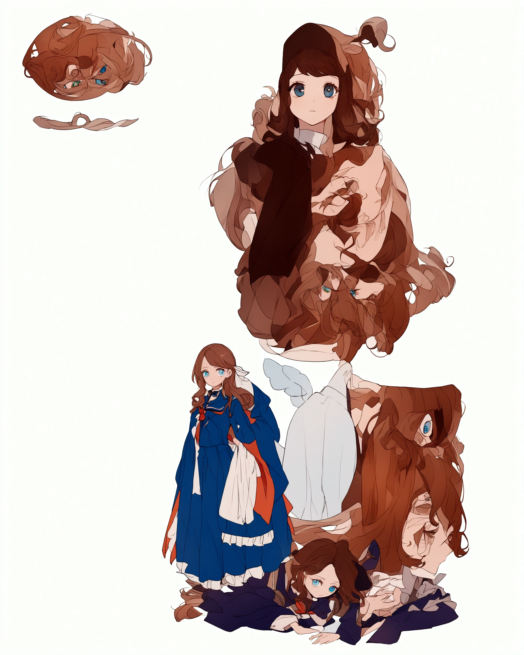 (hair swept bangs:1.3) (brown hair:1.3), a close up of a woman in a blue dress and white socks, loose coat collar sailor uniform, fantasy style clothing, sakimichan, japanese clothes, style anime, magical school student uniform, witchcore clothes, magic , lolita style, anime girl cosplay, jk uniform, victorian blue dress, decorative dark blue clothing, gloomy style, anime set style, (beautiful detailed face),(Beautiful and delicate eyes),