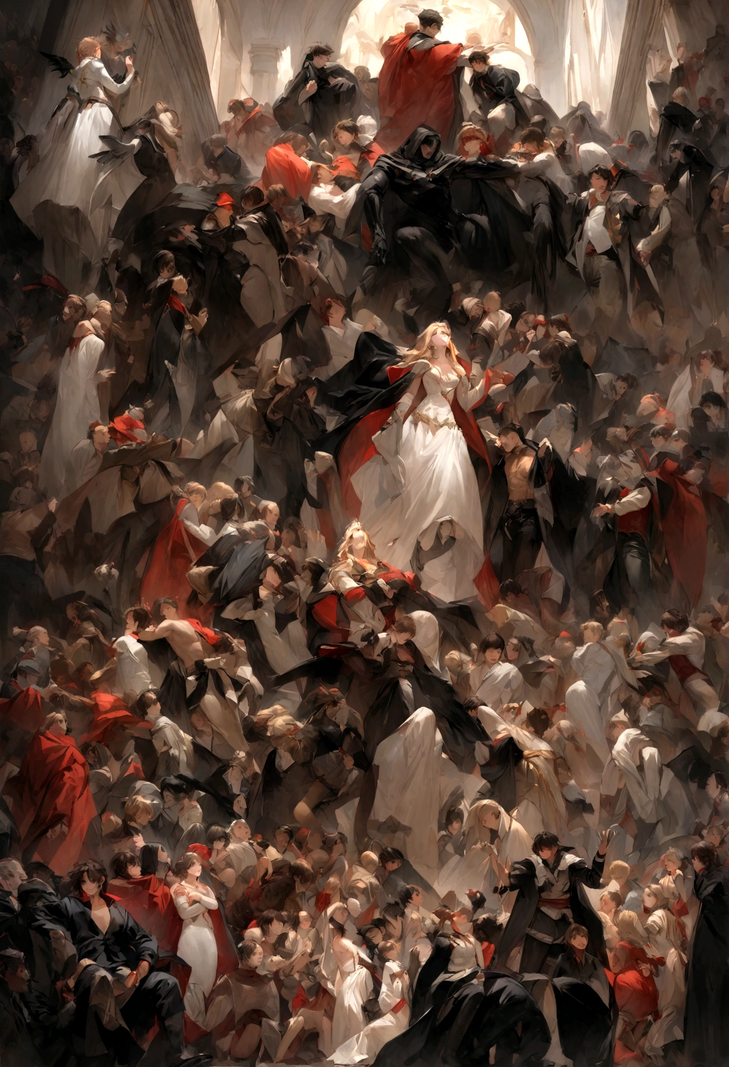 n oil painting, Coming down from the sky, A breathtaking masterpiece, Vivid, Caravaggio, 8K，angelicales，Lots of people，Fallen Angel，Duel Night Battle Angel vs Human Many People，9 people prompt:Freud Mayweather。The strongest boxer。