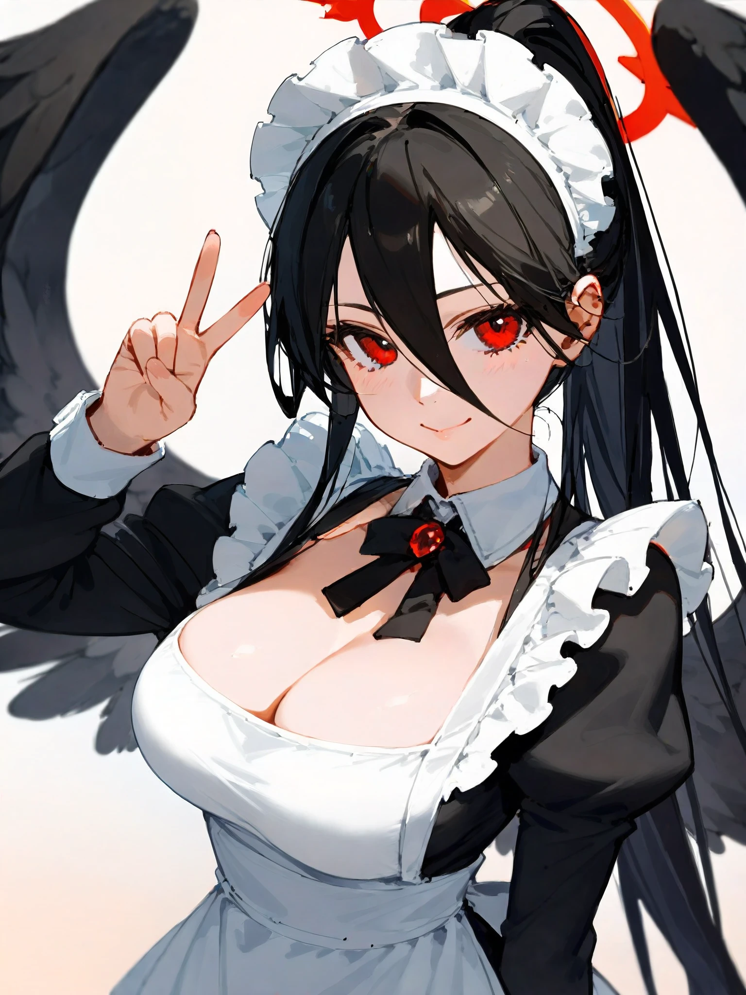 (score_9,score_8_up,score_7_up,), hasumi ba, red eyes, halo, very long hair, black hair, hair between eyes, black wings, 1girl, solo, maid, maid headdress, apron, cowboy shot, close up,ponytail, slight smile, gradient background, looking at viewers, cowboy shot, large breasts, (peace sign)