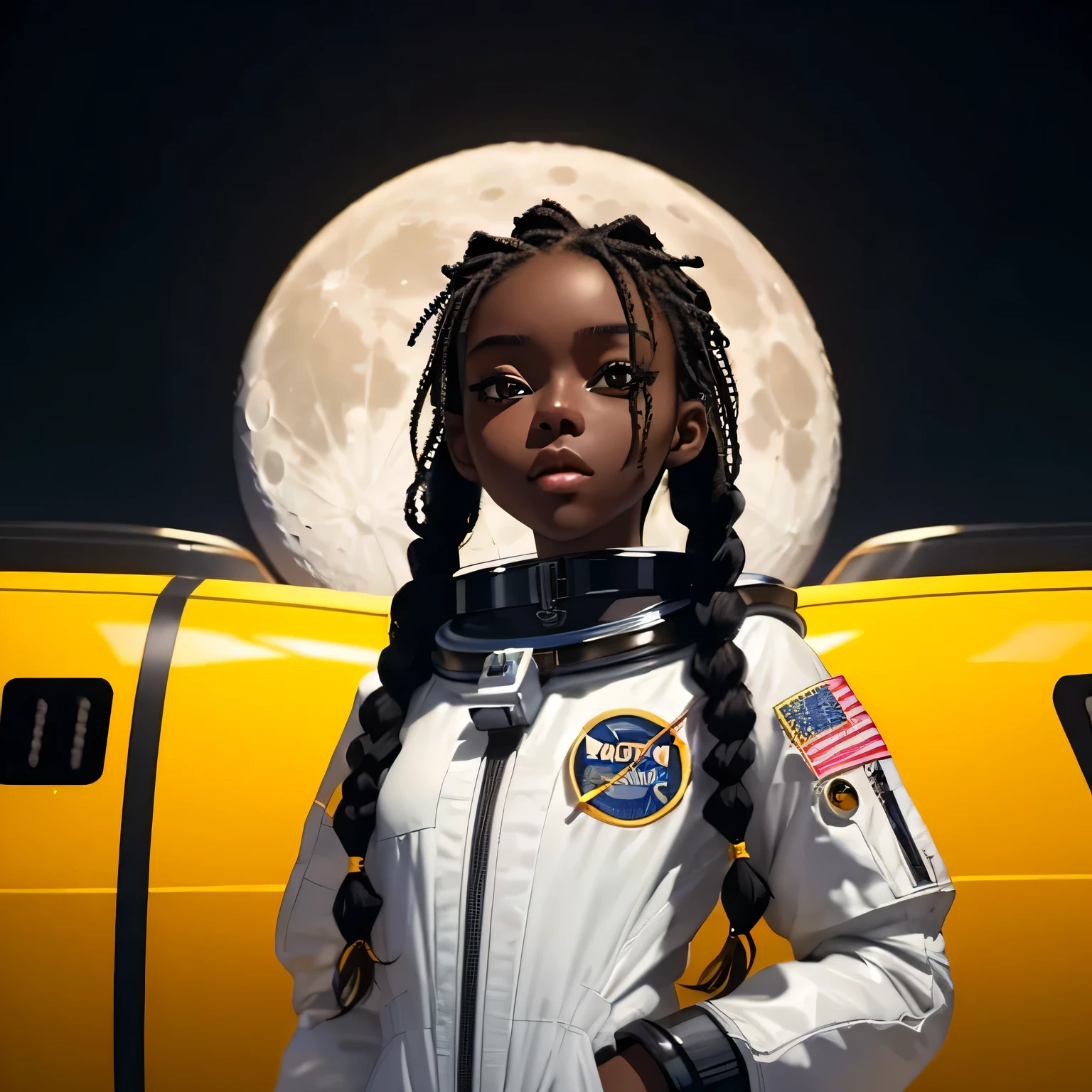 (masterpiece, best quality), deep ebony 1girl, beautiful face, freely hanging braids, moon background , cute, dressed with am astronaut suit , yellow and black suit pattern, beautify, Lofi vibe, , cute night vibe, concentrated, 