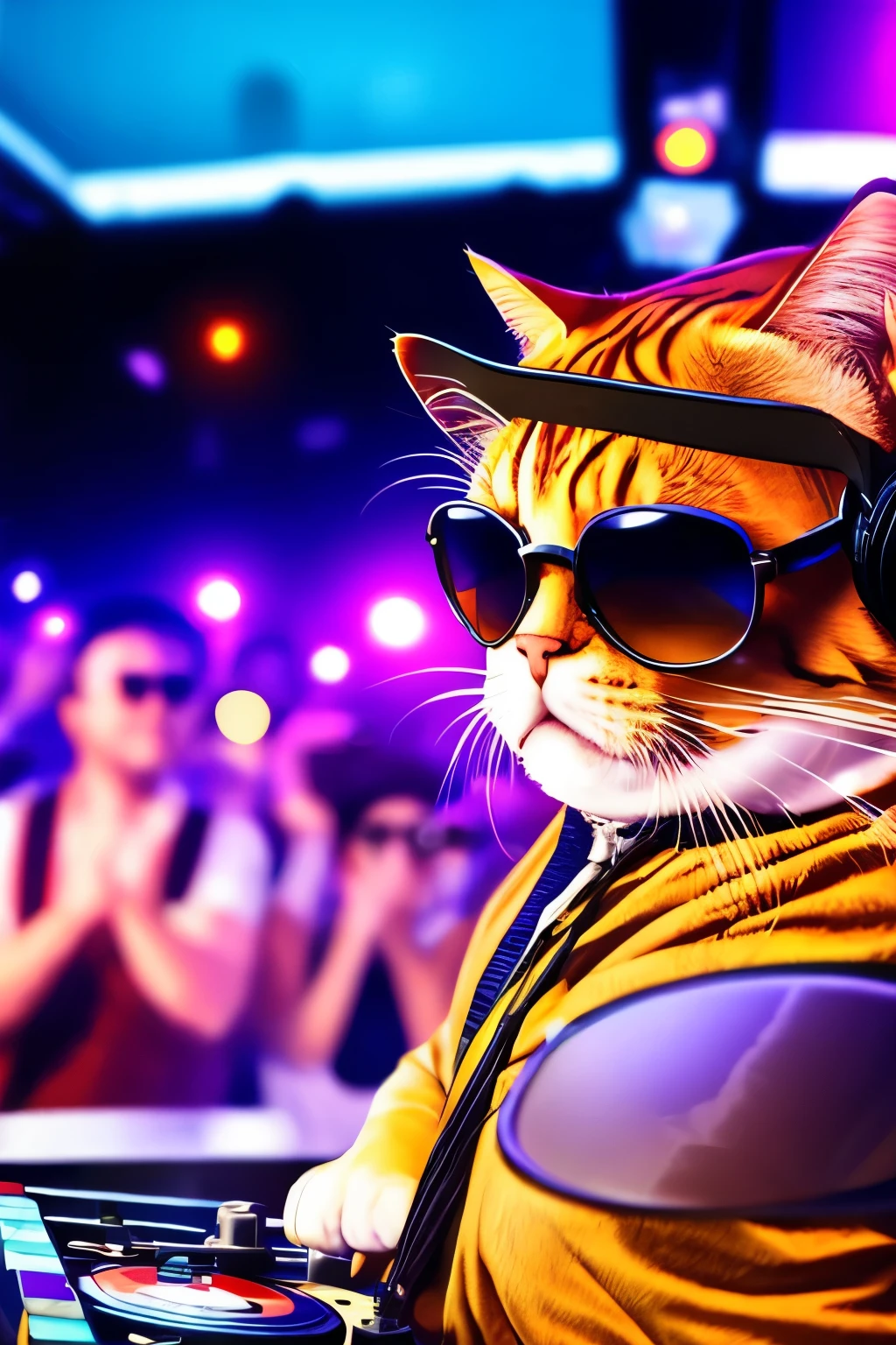 Fat cat wearing sunglasses,DJ on stage at a club,Lots of people in the crowd getting into the groove