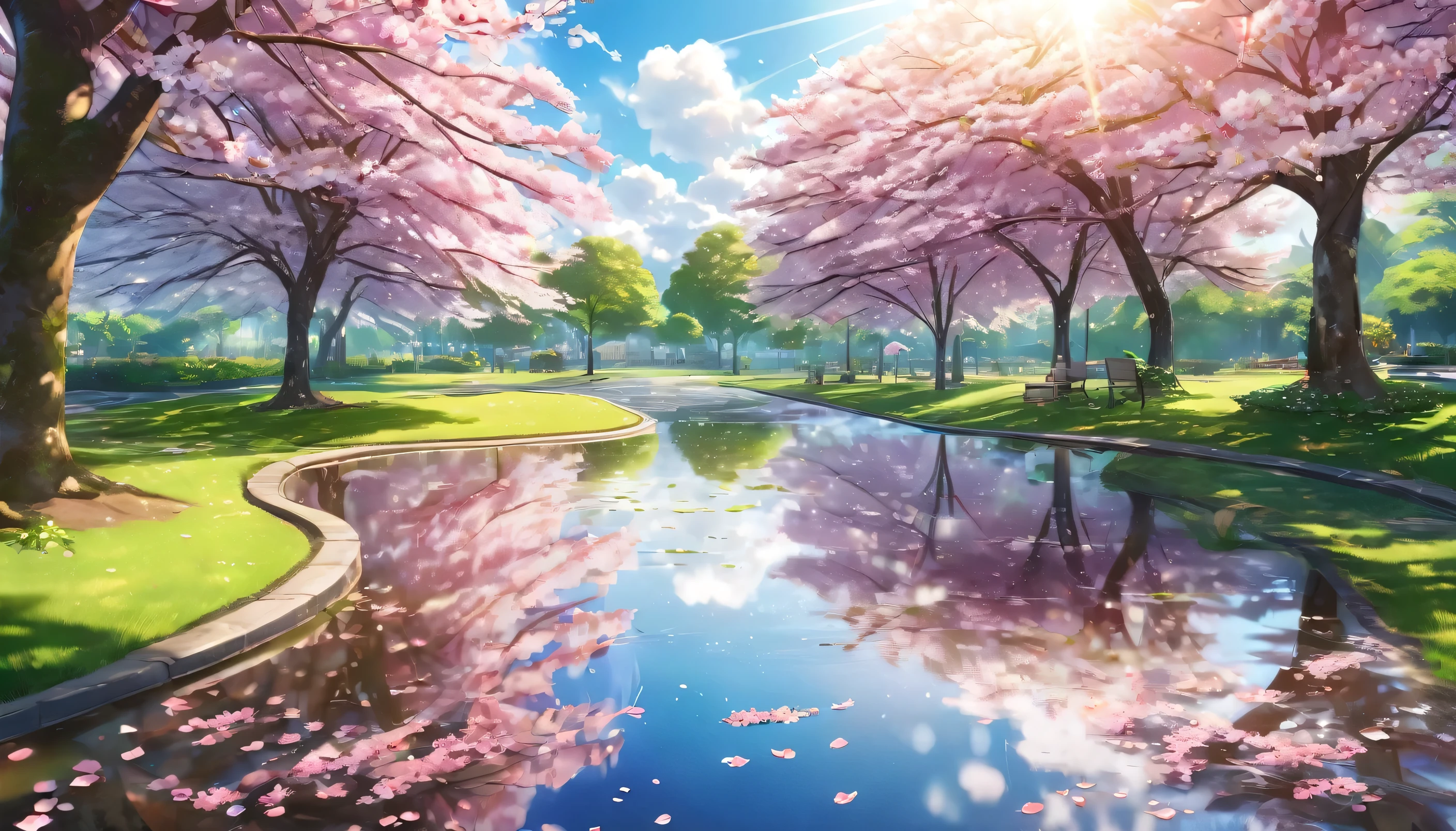 A serene park with puddles under the bright daylight, anime style, (best quality,4k,8k,highres,masterpiece:1.2),ultra-detailed,(realistic,photorealistic,photo-realistic:1.37),longeyelashes,vibrant colors,sunlight,soft lighting,serene,tranquil,lush greenery,reflections in puddles,sakura petals,whimsical,dreamlike