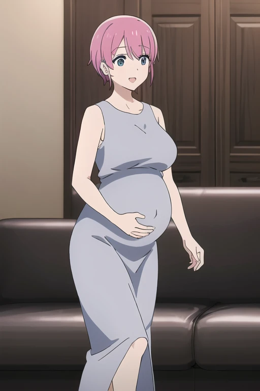 (Highly detailed CG Unity 8k wallpaper),(masterpiece),(highest quality),(Super detailed),(Best illustrations),(Best Shadow),(Absurd), Michiyo, One girl, One big guy, Pink Hair, Sitting, sofa, smile, shirt, Open your mouth,(Sleeveless maxi dress), short hair, indoor, Place your hand on your stomach、(Huge breasts:2.5)、Milk tent、From the side:0.7、Pregnant women、
