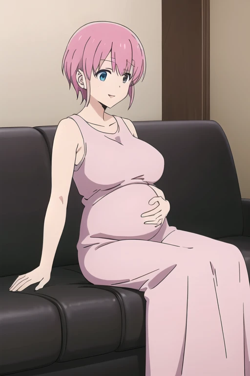 (Highly detailed CG Unity 8k wallpaper),(masterpiece),(highest quality),(Super detailed),(Best illustrations),(Best Shadow),(Absurd),   Michiyo, One girl, alone, Pink Hair, Sitting, sofa, smile, shirt, Open your mouth,（Sleeveless maxi dress）, short hair, indoor, Place your hand on your stomach、（????????????:2）、Milk tent、Pregnant women、From the side:0.7