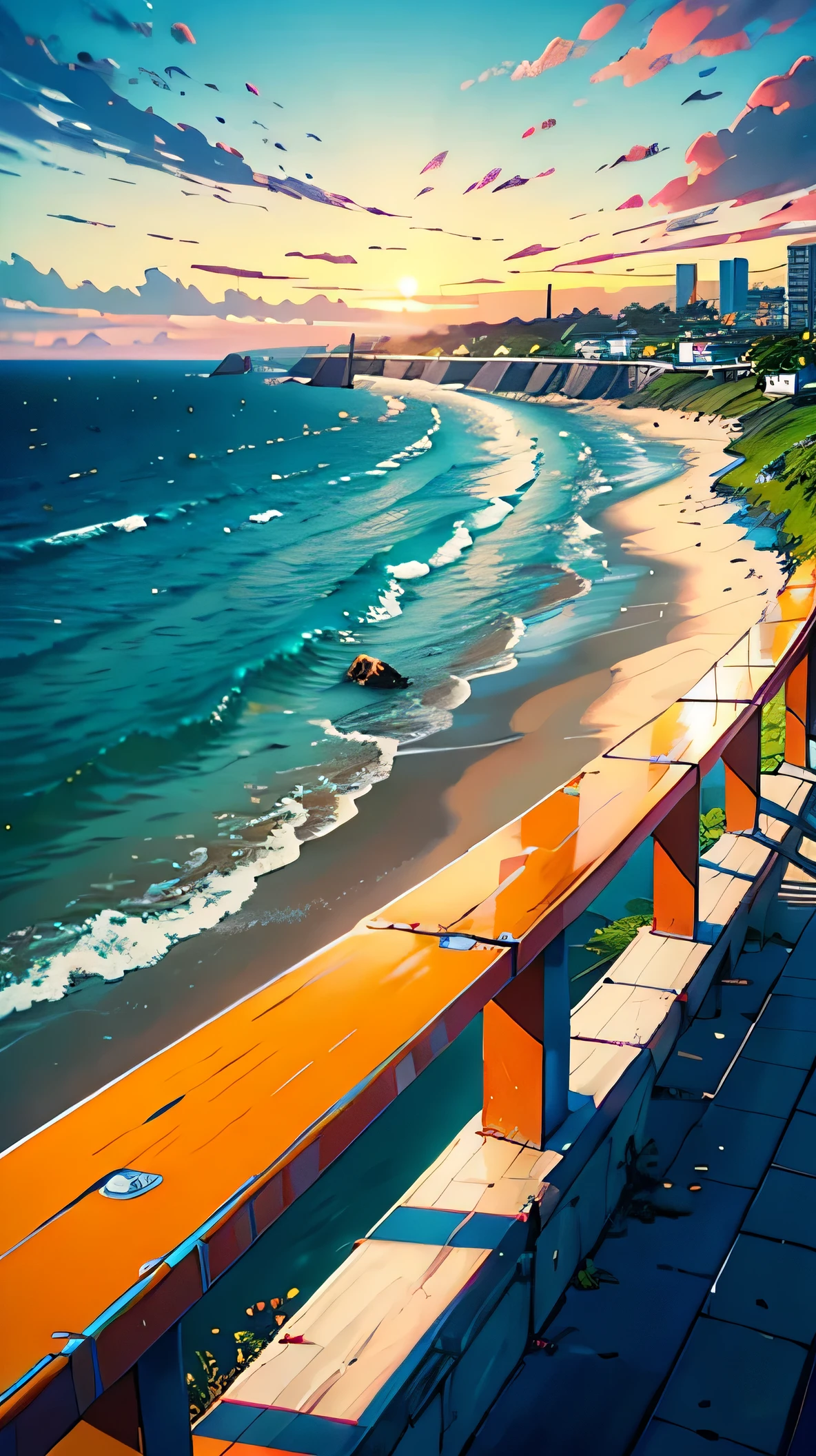 seaside, beach view, sunset, cyan and yellow theme, a hyperrealistic painting by Chris LaBrooy, cgsociety, photorealism, artstation hq, photorealistic, hyper realism, masterpiece,ultra realistic, 32k,extremely detailed CG unity 8k wallpaper, best quality, masterpiece,ultra realistic,32k,extremely detailed CG unity 8k wallpaper, best quality