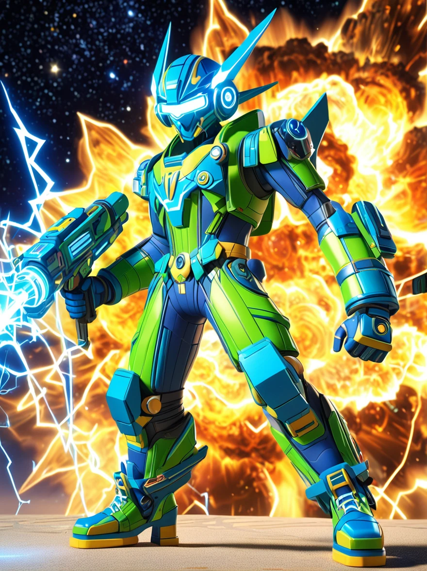1boy, solo, Lightning energy,Electricity elements,Wearing a pointed headdress,Wearing large rectangular glasses,Blue Highlight Lightning,Wearing bright blue and green square clothing,High heel boots,Holding an electric weapon,Space starry sky background,Galactic battleship,Fighting Stance,Explosion,Best quality,Original,whole body,Cartoon Style,3D character rendering,Created with C4D and Blender,precise,Blind box toy style,Super Detail,Anatomically correct,masterpiece, 1djxz1