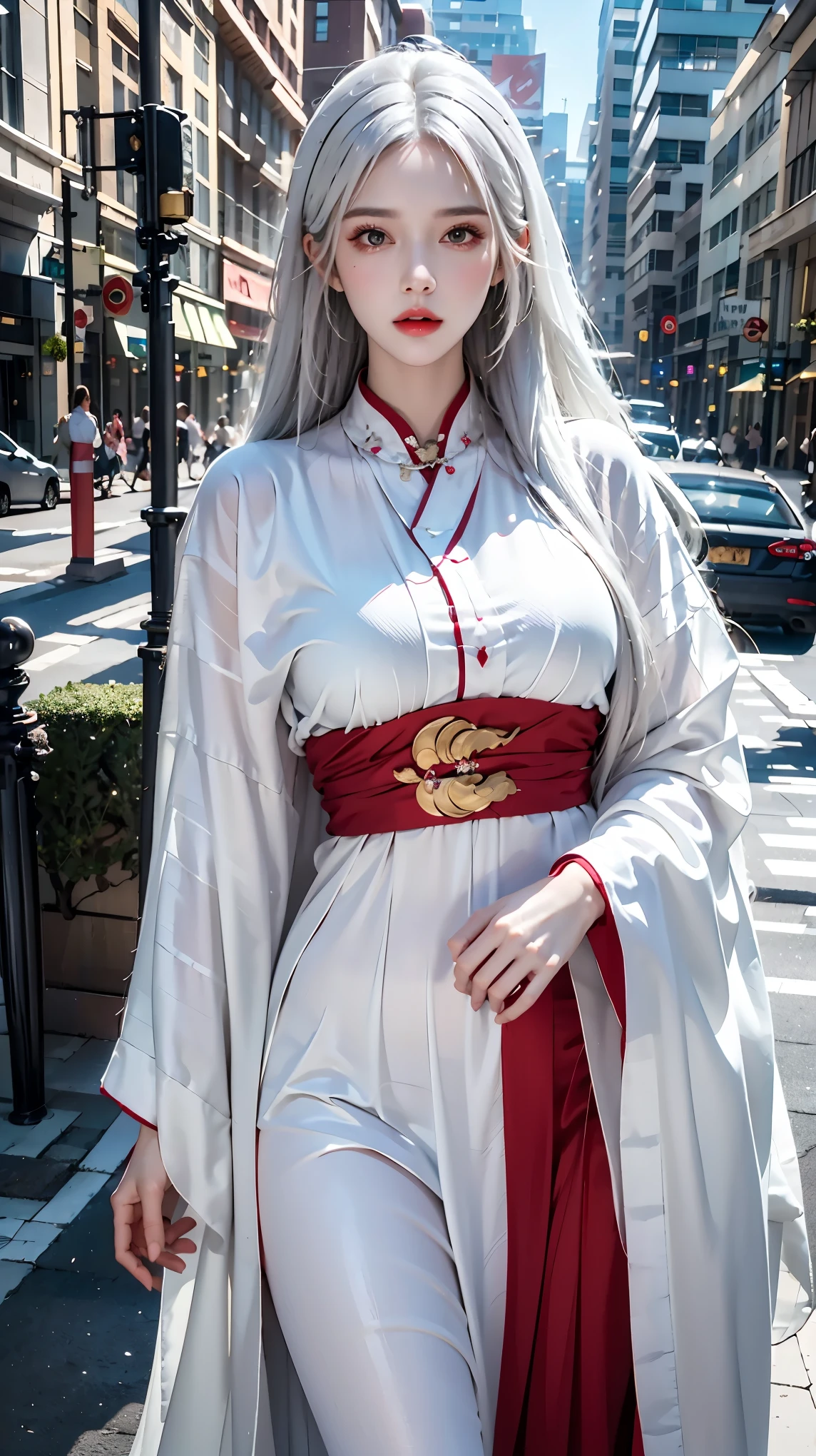 female,masterpiece, realistic, best quality, ultra detailed, waist up, long hair, fashionable accessories, street wear, outdoor
photorealistic, high resolution, 1women, solo, hips up, look at viewer, (detailed face), white hair, long hair, Taoist robe,oversized clothes, jewelry