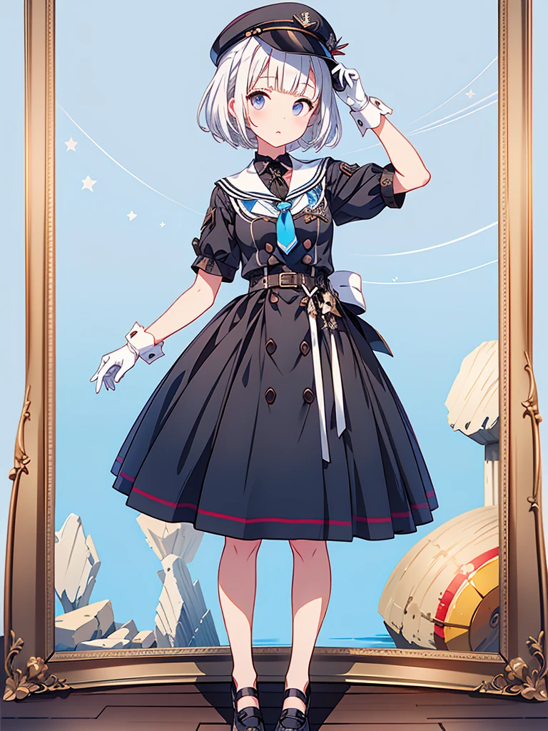 1girl、highest quality、vtuber-fullbody、Milky white short hair、Masterpiece、Official Art、The best composition、Standing in front of the viewer、Simple Background、White and light blue gothic military、Sailor、m1l1t4ry, necktie, black gloves, black dress, peaked cap, puffy dress, short sleeves,