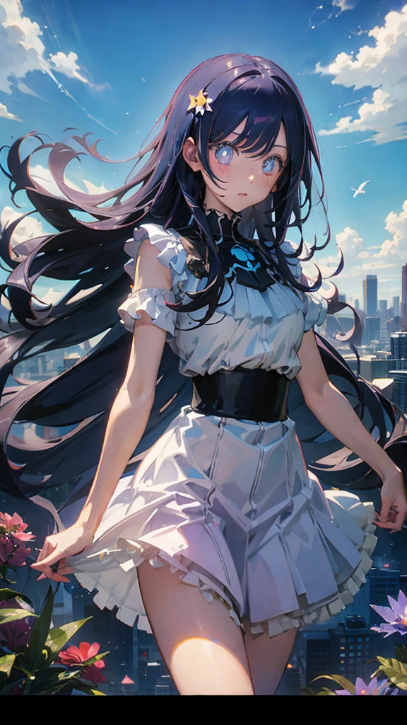 1 anime girl, alone,black hair,Blue shining jewel eyes,Black petals flutter, A mysteriously shining butterfly.blue sky,city,Vivid blue hair,bright blue jewel eyes,thin legs,cloudy sky,very clear,highest quality,Are standing,Straight Hair,morning,Mid-length skirt,City of Sunsets,Looking up at the sky,profile,Look to the side