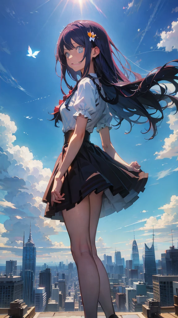 1 anime girl, alone,black hair,Blue shining jewel eyes,Black petals flutter, A mysteriously shining butterfly.blue sky,city,Vivid blue hair,bright blue jewel eyes,thin legs,cloudy sky,very clear,highest quality,Are standing,Straight Hair,morning,Mid-length skirt,City of Sunsets,Looking up at the sky,profile,Look to the side