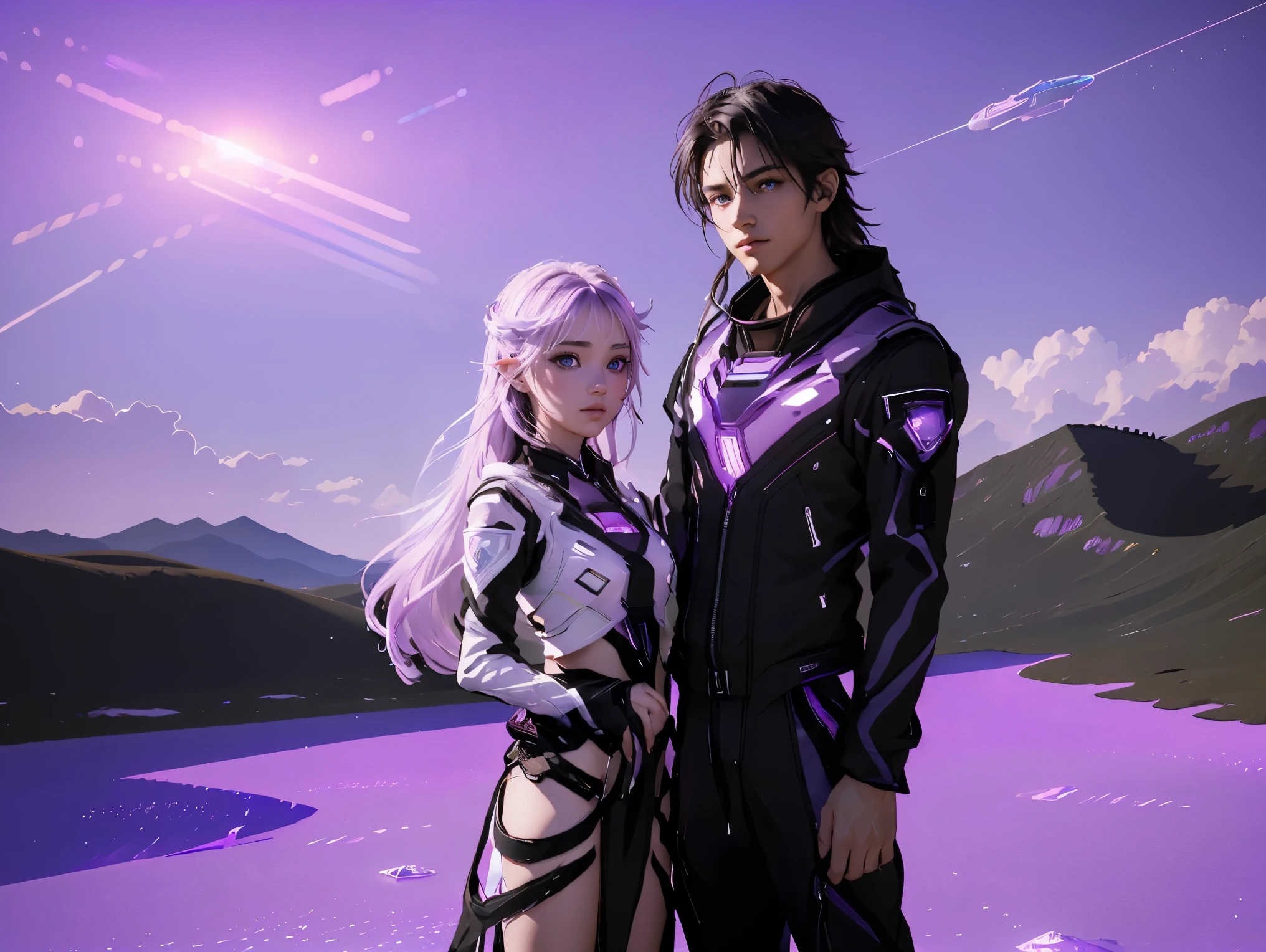 ((masterpiece, best quality, extremely detailed), volumetric lighting, ambient occlusion, colorful, glowing), a boy and a girl, (purple white gradient long hair), halo, aura, sacred, goddess,, (black outfit:1.3),
outdoors, sunset, sky, clouds, space, ((a couple shot)),