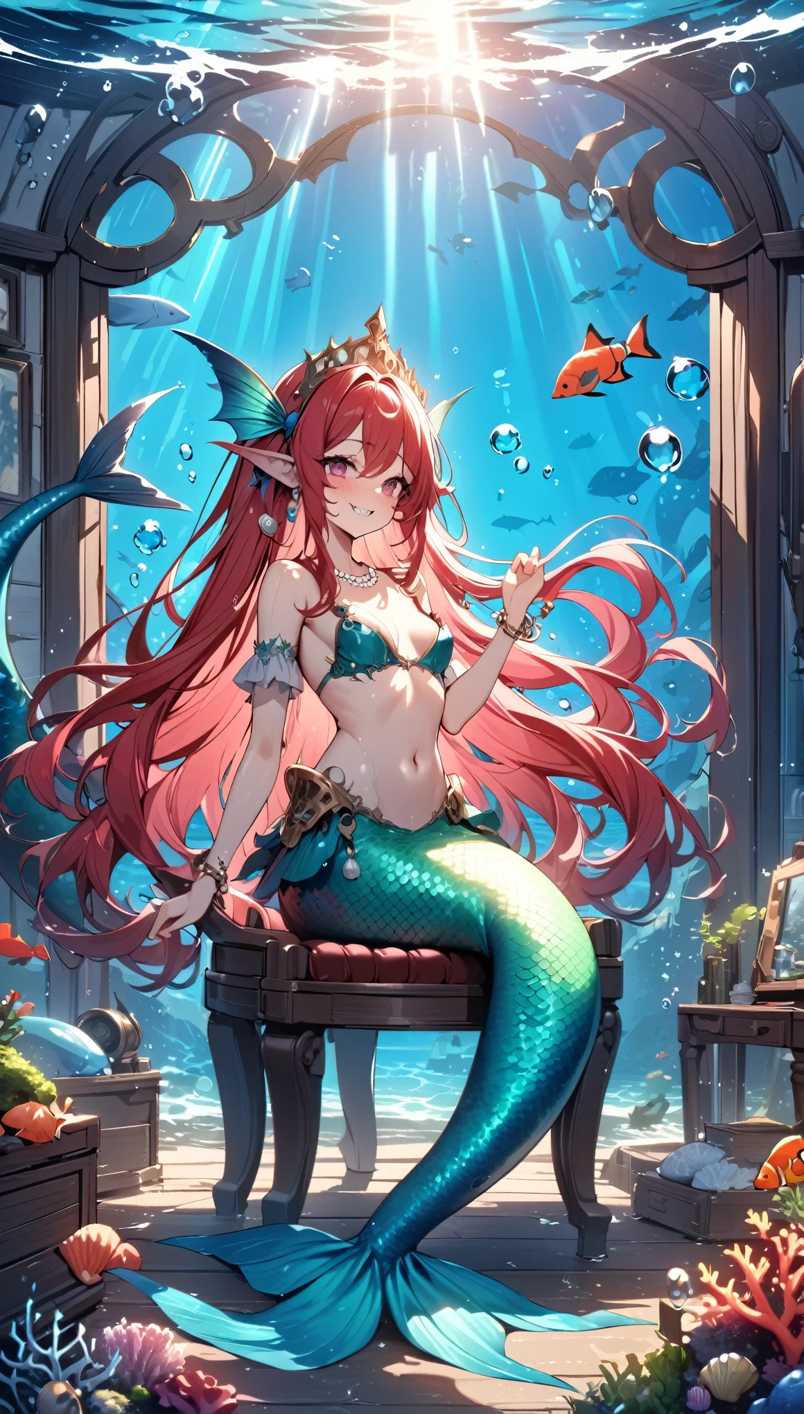 (best quality,4k,8k,highres,masterpiece:1.2),ultra-detailed, Pretty princess magically transformed into a beautiful mermaid, race swap, fantastic transformation, steampunk, fish like, wet body, dominant shades of red, surrounded by small bubbles, long and detailed mermaid tail with shimmering red fish scales, fins ears, drawn in anime style, very long pigtails red hair that sparkles in the light, sharp teeth, is smiling, pink eyes, small breast, long pelvic and dorsal fins, pair of fish gills on her torso, red seashells bra, starfish hair clips, pearl earrings and bracelets, pearl necklace, hair ribbons, gold tiara, ocean depths, embracing her new life has a mermaid, joyful expression, brushing her hair, sitting on a chair in front of a mirror, inside a underwater house submerged in water, sparkling water, water reflections, ethereal atmosphere, subtle glow, whimsical and enchanting, underwater world, colorful coral reef outside the house, magical underwater lighting, vivid colors, breathing underwater, floating bubbles, endless ocean depths, sunlight filtering through the water, Highly detailed, masterpiece, high quality, 4K.