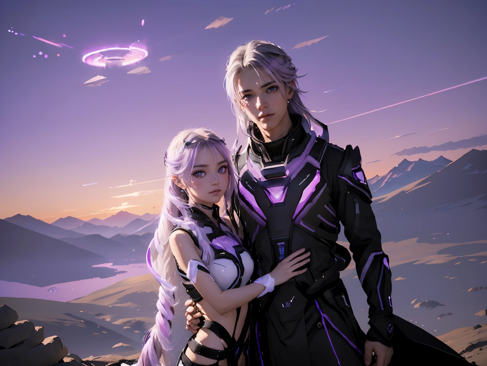 ((masterpiece, best quality, extremely detailed), volumetric lighting, ambient occlusion, colorful, glowing), a boy and a girl, (purple white gradient long hair), halo, aura, sacred, goddess,, (black outfit:1.3),
outdoors, sunset, sky, clouds, space, ((a couple shot)),