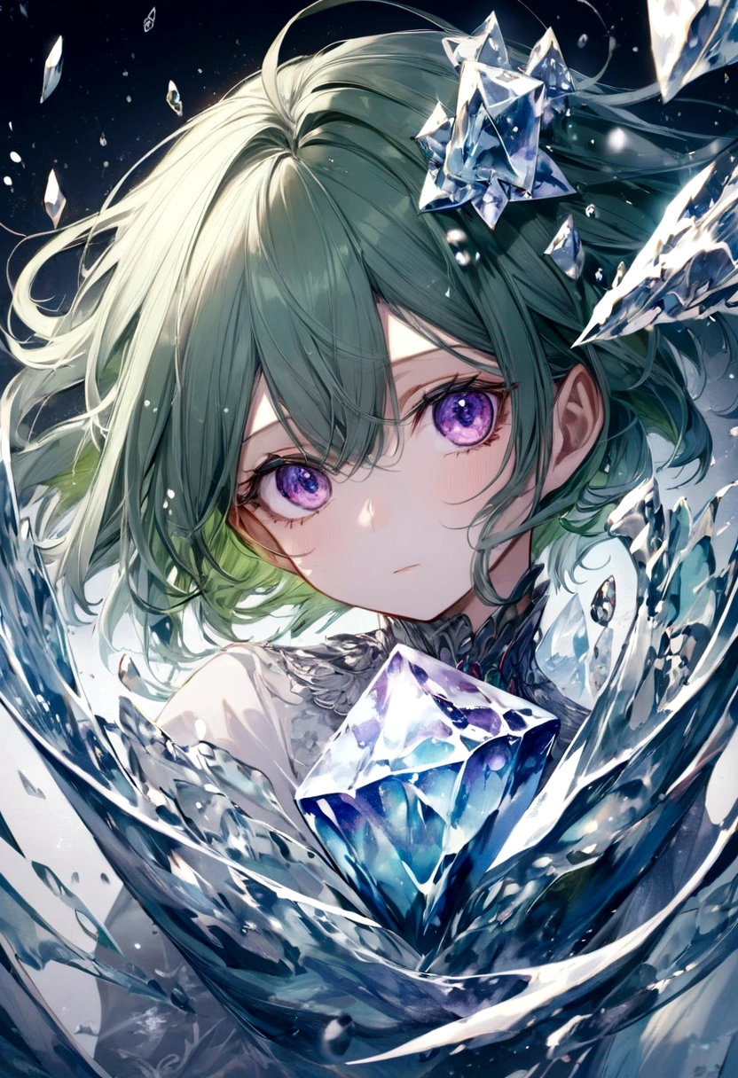 Female, Purple Eyes, Green Hair, Ice as an element