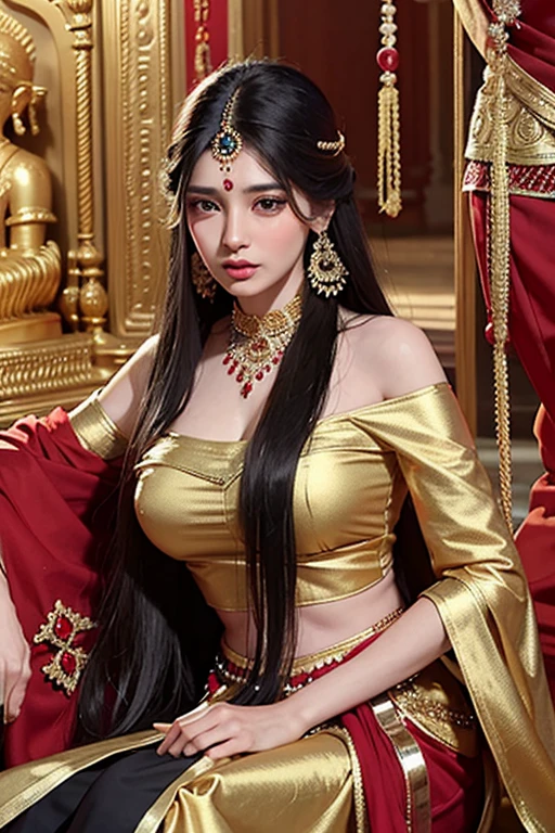 A beautiful indian hindu princess of fair complexion in indian red gold plated saree and gold jewellery, long black weavy hair, heavy black long eyelashes, beautiful detailed face, sitting on the lap of an ancient indian handsome hindu King in ancient indian white gold plated dhoti, bare upper body with ancient indian male jewelry and angavastra
