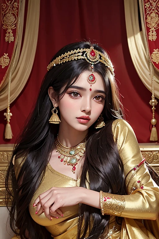 A beautiful indian hindu princess of fair complexion in indian red gold plated saree and gold jewellery, long black weavy hair, heavy black long eyelashes, beautiful detailed face, sitting on the lap of an ancient indian handsome hindu King in ancient indian white gold plated dhoti, bare upper body with ancient indian male jewelry and angavastra