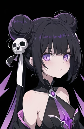 1girl, black shiny hair, buns hair, skull design, purple and white and black palette, purple shiny eyes, tiny body, holding necromancer staff, perfect detailed face, intricate detailed design, highly detailed, dramatic lighting, fantasy, dark, otherworldly, ethereal, mystical, mesmerizing, captivating, surreal, cinematic, dramatic, powerful, intense, visually stunning, breathtaking, masterpiece