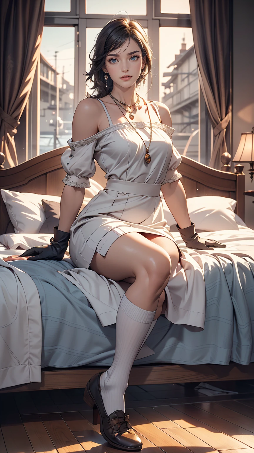 highest quality, masterpiece, One girl, alone, ferry, Long Hair, ferryBase, Knee socks, Exposing shoulders, jewelry, No sleeve, White Dress, Blue Skirt, gloves, bed room, bed, Wooden floor, Sitting, Sitting on bed, Put your hands on your feet, smile, Soft lighting, whole body, Wide Hips, Medium chest