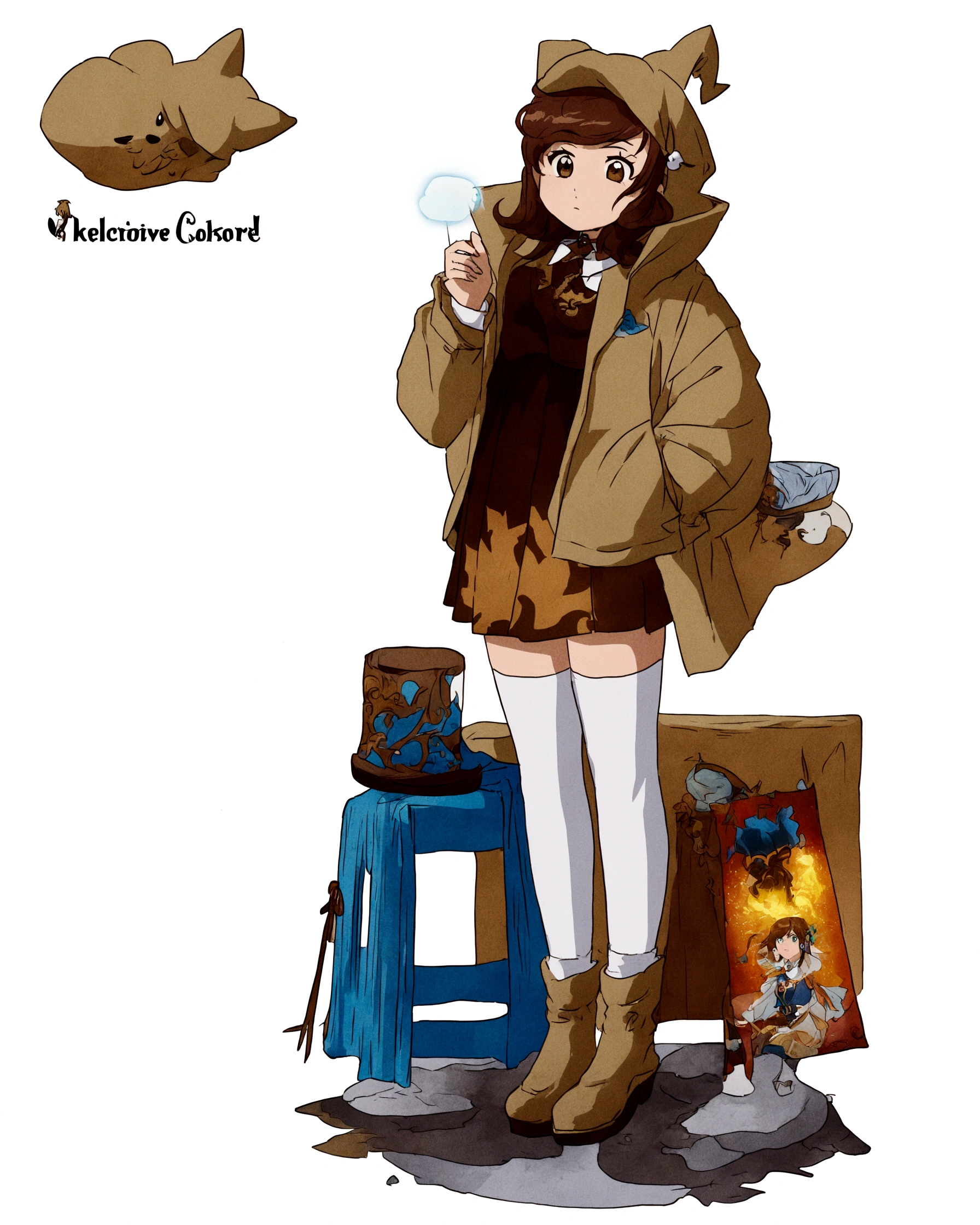 (hair swept bangs:1.3), (brown hair:1.3), a close up of a woman in a blue dress and white socks, loose coat collar sailor uniform, fantasy style clothing, sakimichan, japanese clothes, style anime, magical school student uniform, witchcore clothes, magic , lolita style, anime girl cosplay, jk uniform, victorian blue dress, decorative dark blue clothing, gloomy style, anime set style, (beautiful detailed face),(Beautiful and delicate eyes),
