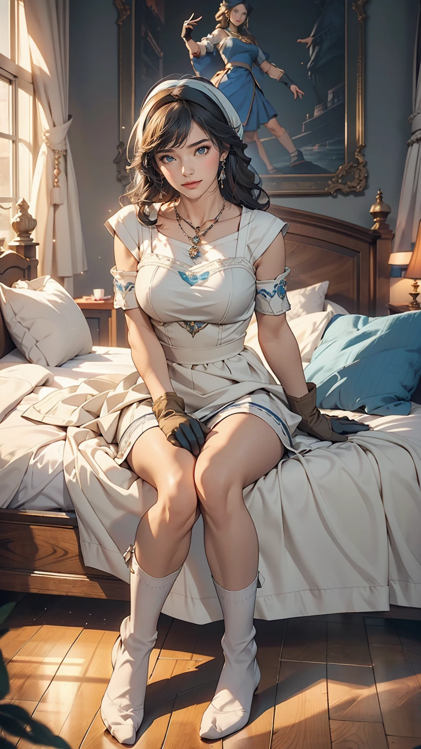 highest quality, masterpiece, One girl, alone, ferry, Long Hair, ferryBase, Knee socks, Exposing shoulders, jewelry, No sleeve, White Dress, Blue Skirt, gloves, bed room, bed, Wooden floor, Sitting, Sitting on bed, Put your hands on your feet, smile, Soft lighting, whole body, Wide Hips, Medium chest