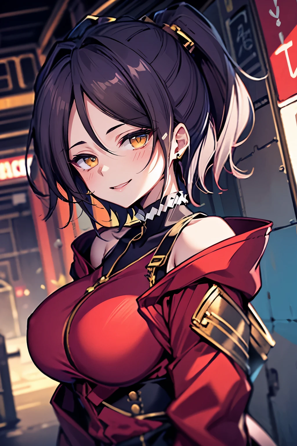 hui xiyi, rekkyo sensen, rekkyou sensen, medium hair, camisoles, frills, blue clothes, khaki clothes, velour clothes, big breasts, off-shoulder sleeves, choker, black choker, frills