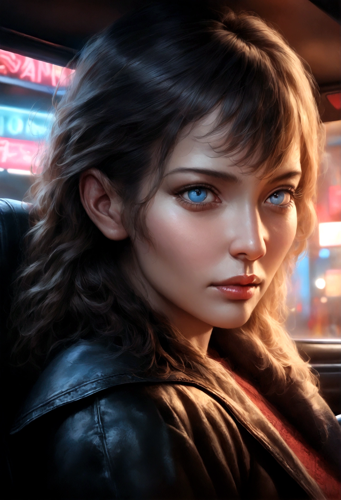 (best quality,4k,8k,highres,masterpiece:1.2),ultra-detailed,(realistic,photorealistic,photo-realistic:1.37),beautiful detailed eyes,beautiful detailed lips,extremely detailed eyes and face,longeyelashes,1girl,portrait,dramatic lighting,cold eyes,brown eyes,brown skin,girl in car,blood soaked clothing,blue neon lights,red neon lights,2girls,blue eyes,red background