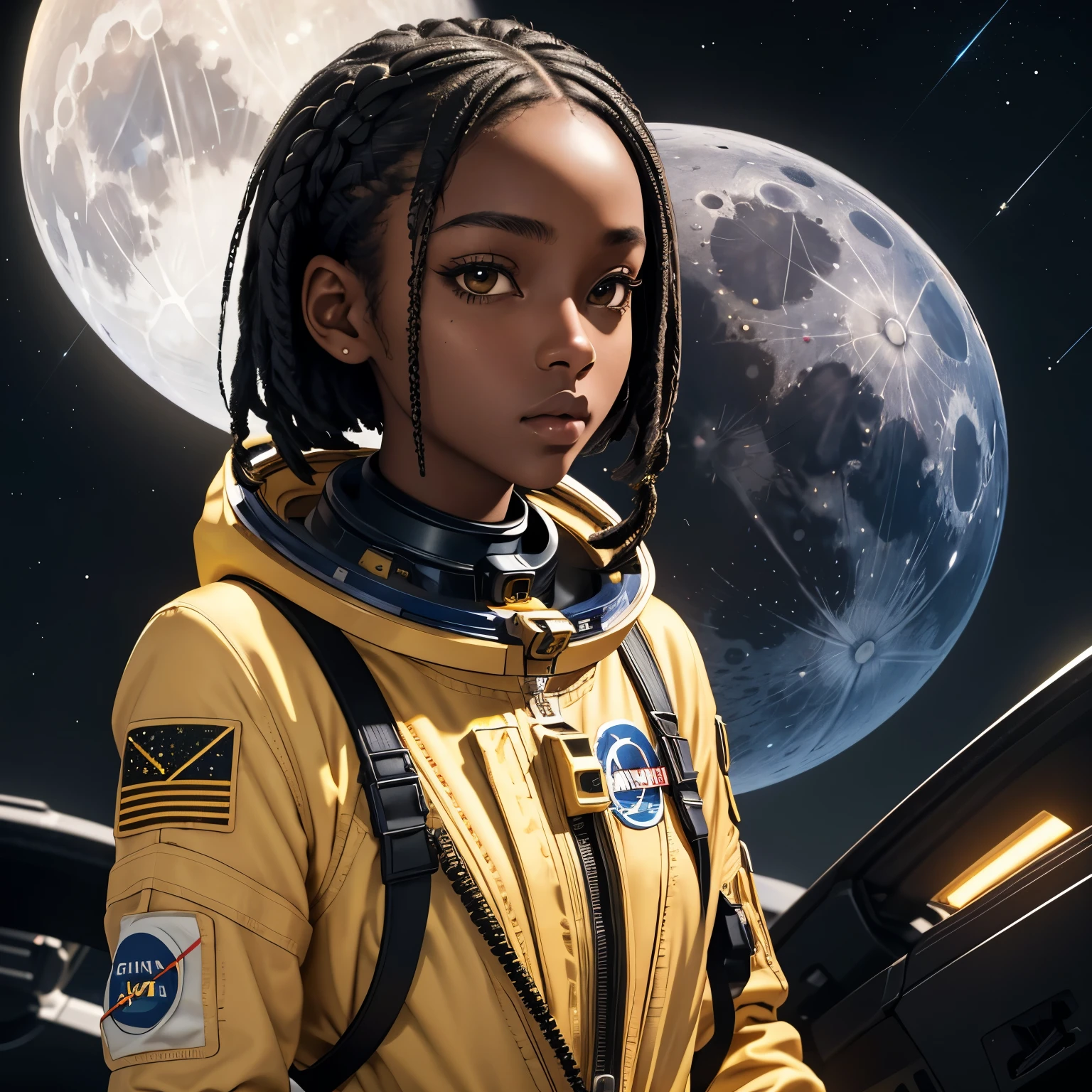 (masterpiece, best quality), deep ebony 1girl, beautiful face, short braids, moon background , cute, dressed with am astronaut suit , yellow and black suit pattern, beautify, Lofi vibe, , cute night vibe, concentrated,
