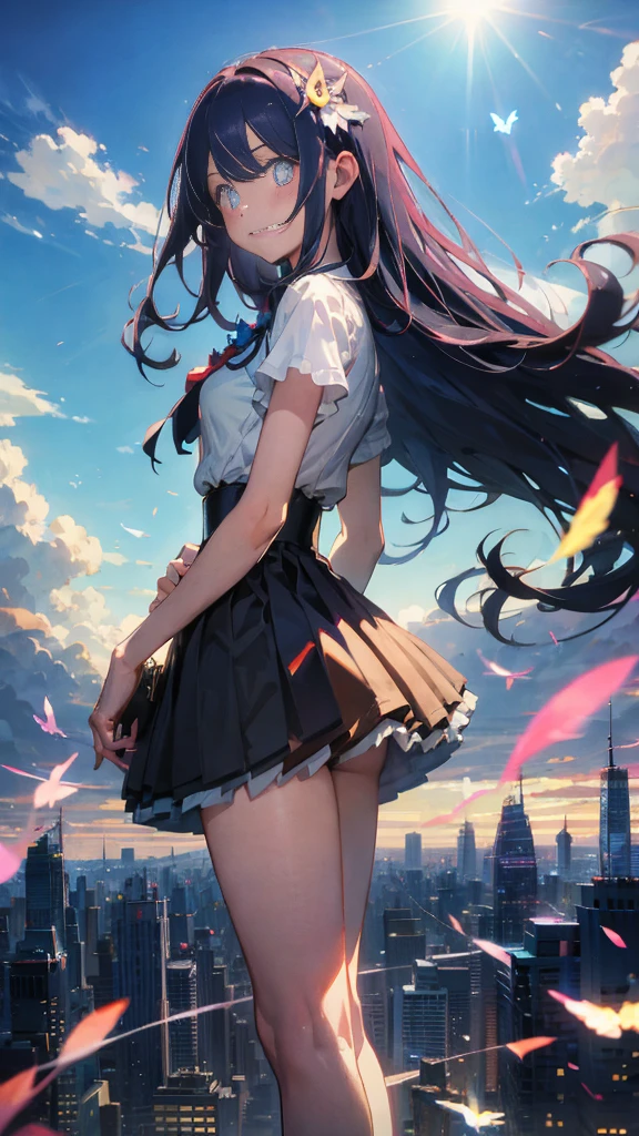 1 anime girl, alone,black hair,Blue shining jewel eyes,Black petals flutter, A mysteriously shining butterfly.blue sky,city,Vivid blue hair,bright blue jewel eyes,thin legs,cloudy sky,very clear,highest quality,Are standing,Straight Hair,morning,Mid-length skirt,City of Sunsets,Looking up at the sky,profile,Look to the side,smile