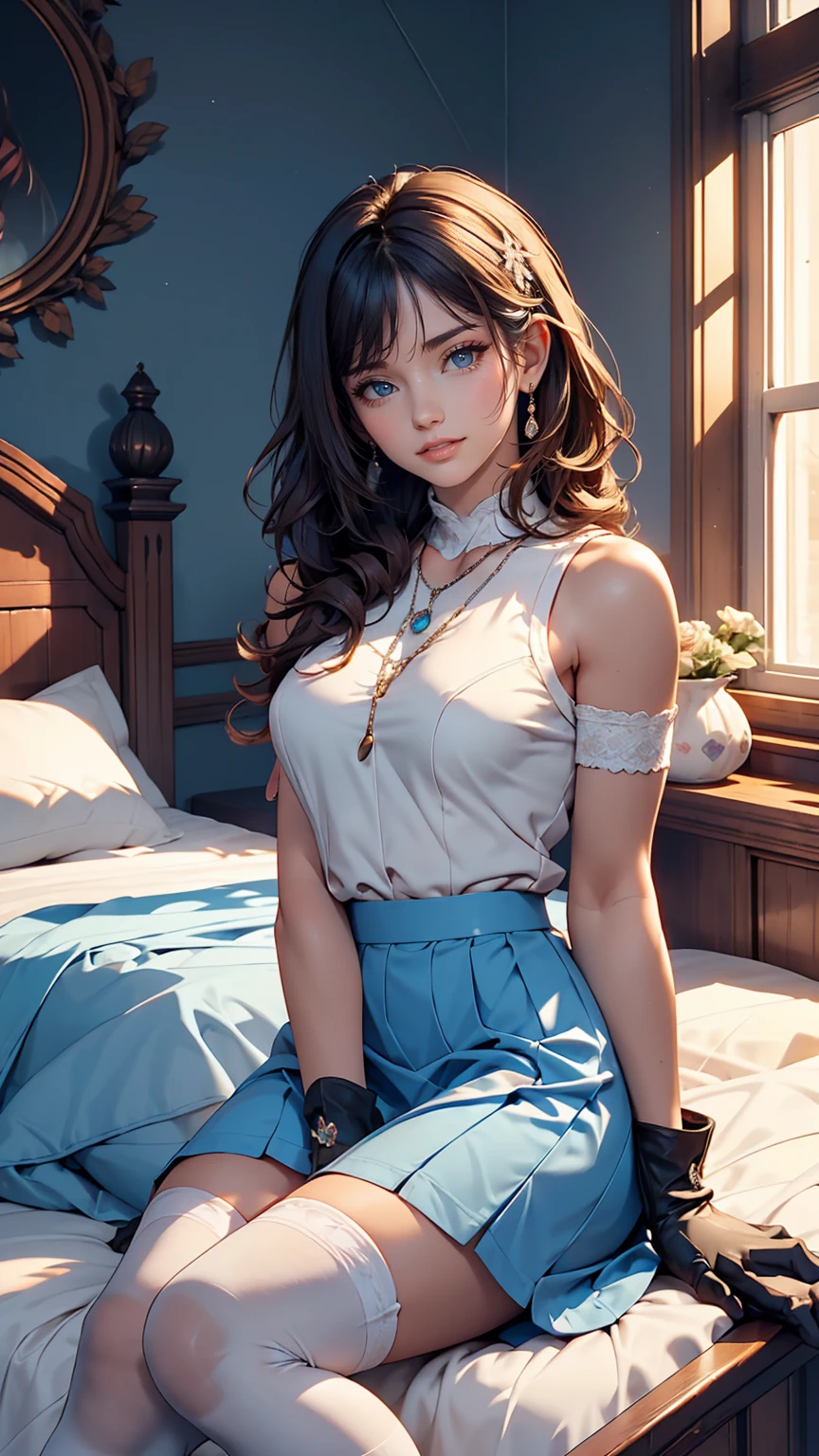 highest quality, masterpiece, One girl, alone, ferry, Long Hair, ferryBase, Knee socks, Exposing shoulders, jewelry, No sleeve, White Dress, Blue Skirt, gloves, bed room, bed, Wooden floor, Sitting, Sitting on bed, Put your hands on your feet, smile, Soft lighting, whole body, Wide Hips, Medium chest