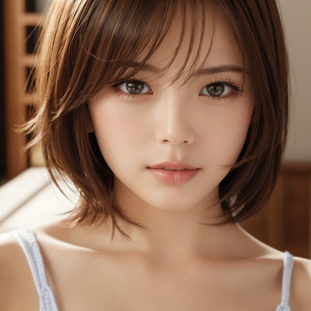 masterpiece、highest quality、High resolution、table top、wallpaper、realistic、bright lighting、professional lighting、face light、smooth lighting、japanese woman、adult、Beautiful woman、action、gravure、sexy、poor、super beautiful、beautiful skin、beautiful and detailed eyes、detailed face、slim、fluffy hair、short hair、brunette colored hair、brown eyes、look at the camera、 knit、ecstasy、close up of face