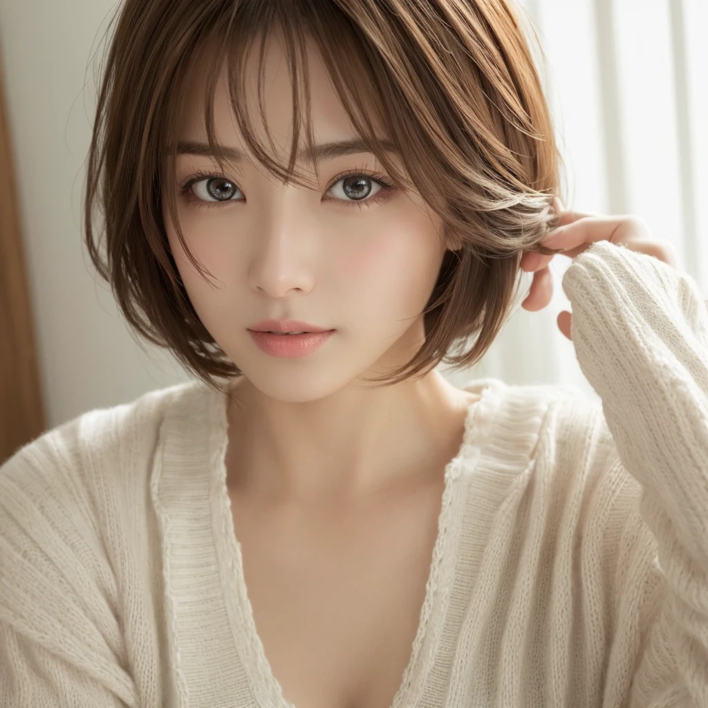 masterpiece、highest quality、High resolution、table top、wallpaper、realistic、bright lighting、professional lighting、face light、smooth lighting、japanese woman、adult、Beautiful woman、action、gravure、sexy、poor、super beautiful、beautiful skin、beautiful and detailed eyes、detailed face、slim、fluffy hair、short hair、brunette colored hair、brown eyes、look at the camera、 knit、ecstasy、close up of face