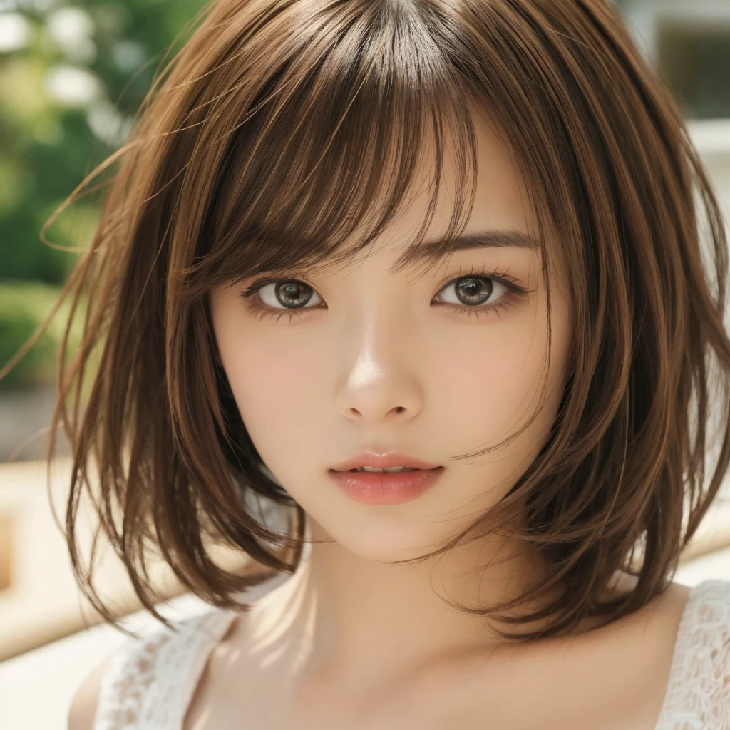 masterpiece、highest quality、High resolution、table top、wallpaper、realistic、bright lighting、professional lighting、face light、smooth lighting、japanese woman、adult、Beautiful woman、action、gravure、sexy、poor、super beautiful、beautiful skin、beautiful and detailed eyes、detailed face、slim、fluffy hair、short hair、brunette colored hair、brown eyes、look at the camera、 knit、ecstasy、close up of face