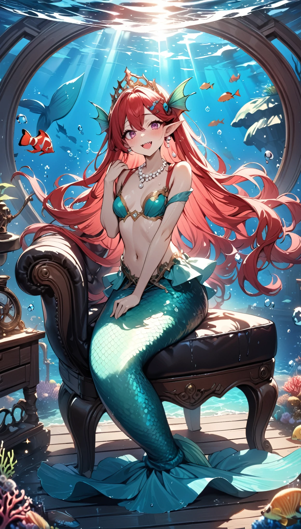 (best quality,4k,8k,highres,masterpiece:1.2),ultra-detailed, Pretty  princess magically transformed into a beautiful mermaid, race swap, fantastic transformation, steampunk, fish like, wet body, dominant shades of red, surrounded by small bubbles, long and detailed mermaid tail with shimmering red fish scales, fins ears, drawn in anime style, very long pigtails red hair that sparkles in the light, sharp teeth, is smiling, pink eyes, small breast, long pelvic and dorsal fins, pair of fish gills on her torso, red seashells bra, starfish hair clips, pearl earrings and bracelets, pearl necklace, hair ribbons, gold tiara, ocean depths, embracing her new life has a mermaid, joyful expression, brushing her hair, sitting on a chair in front of a mirror, inside a underwater house submerged in water, sparkling water, water reflections, ethereal atmosphere, subtle glow, whimsical and enchanting, underwater world, colorful coral reef outside the house, magical underwater lighting, vivid colors, breathing underwater, floating bubbles, endless ocean depths, sunlight filtering through the water, Highly detailed, masterpiece, high quality, 4K.