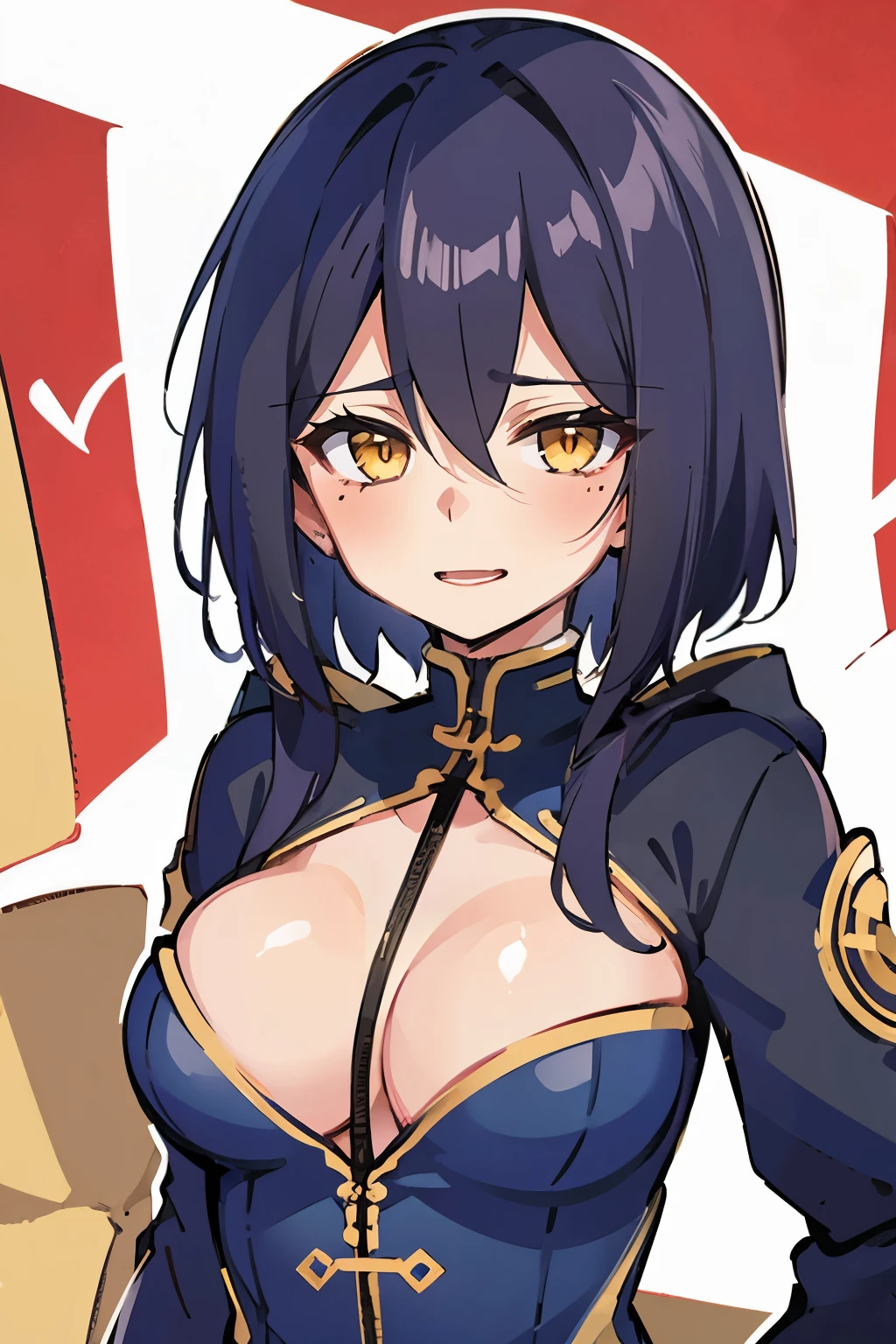 hui xiyi, rekkyo sensen, rekkyou sensen, medium hair, camisoles, frills, blue clothes, khaki clothes, velour clothes, big breasts